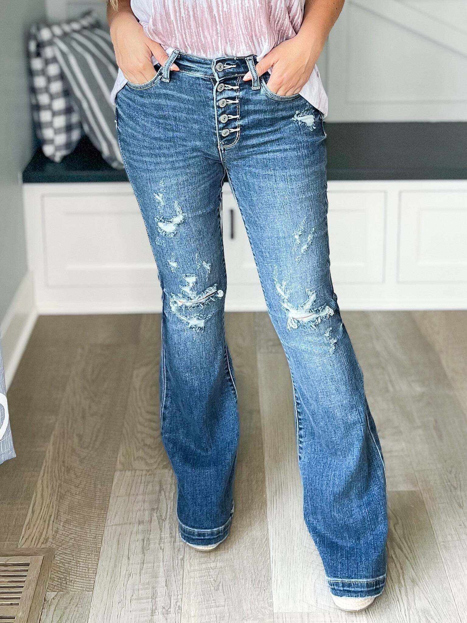 Long Weekend - Christmas Button Fly Trouser Flare Jeans- Final Sale