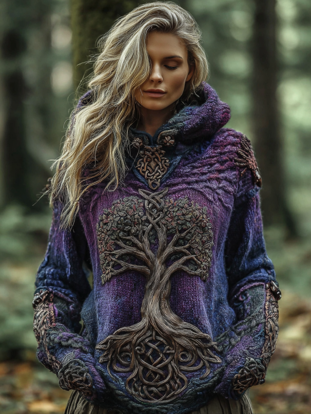 Women'sviking Celtic Knot With Tree Of Life Knitted Warm Hooded Sweater
