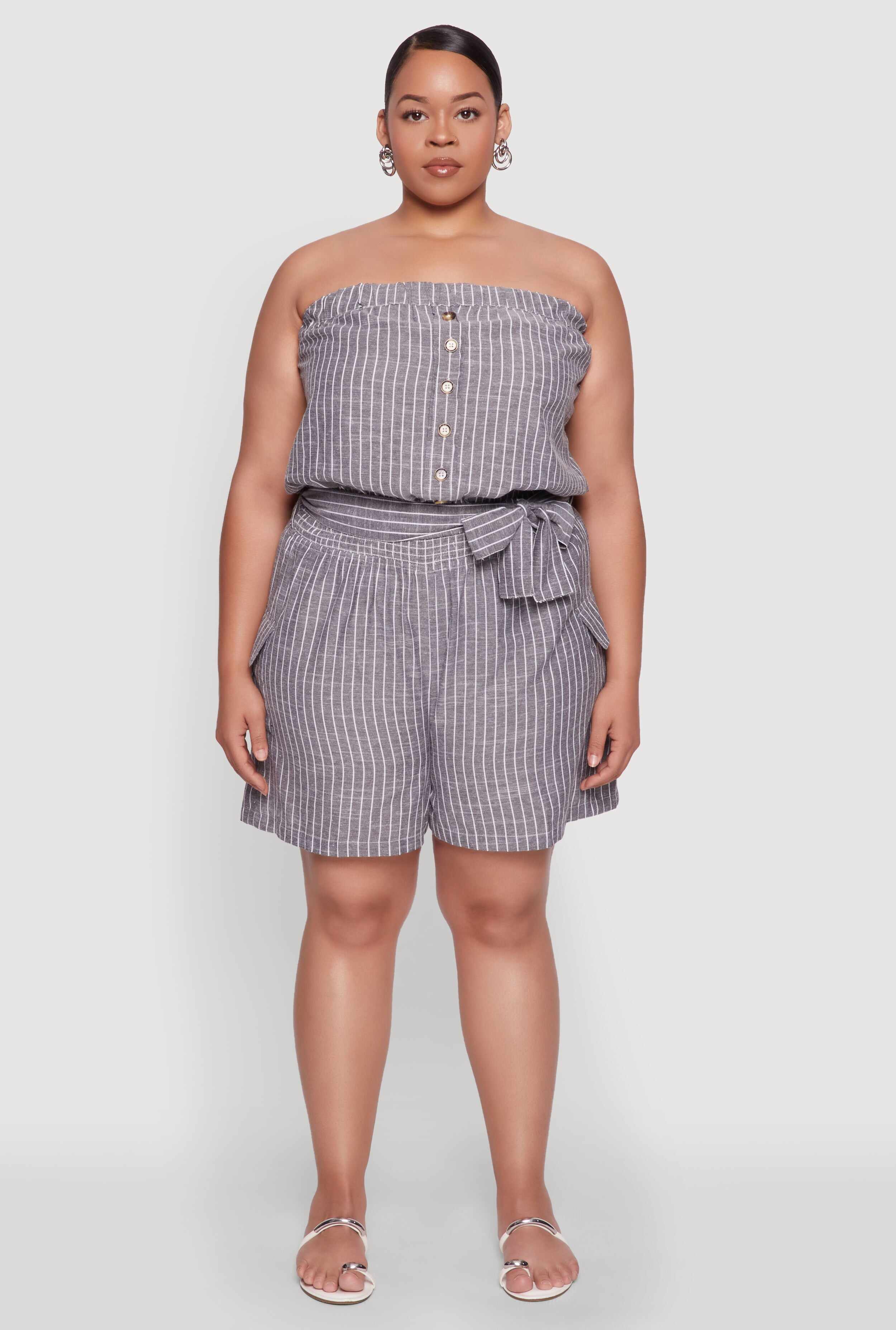 Plus Size Tie Waist Belted Pinstripe Romper