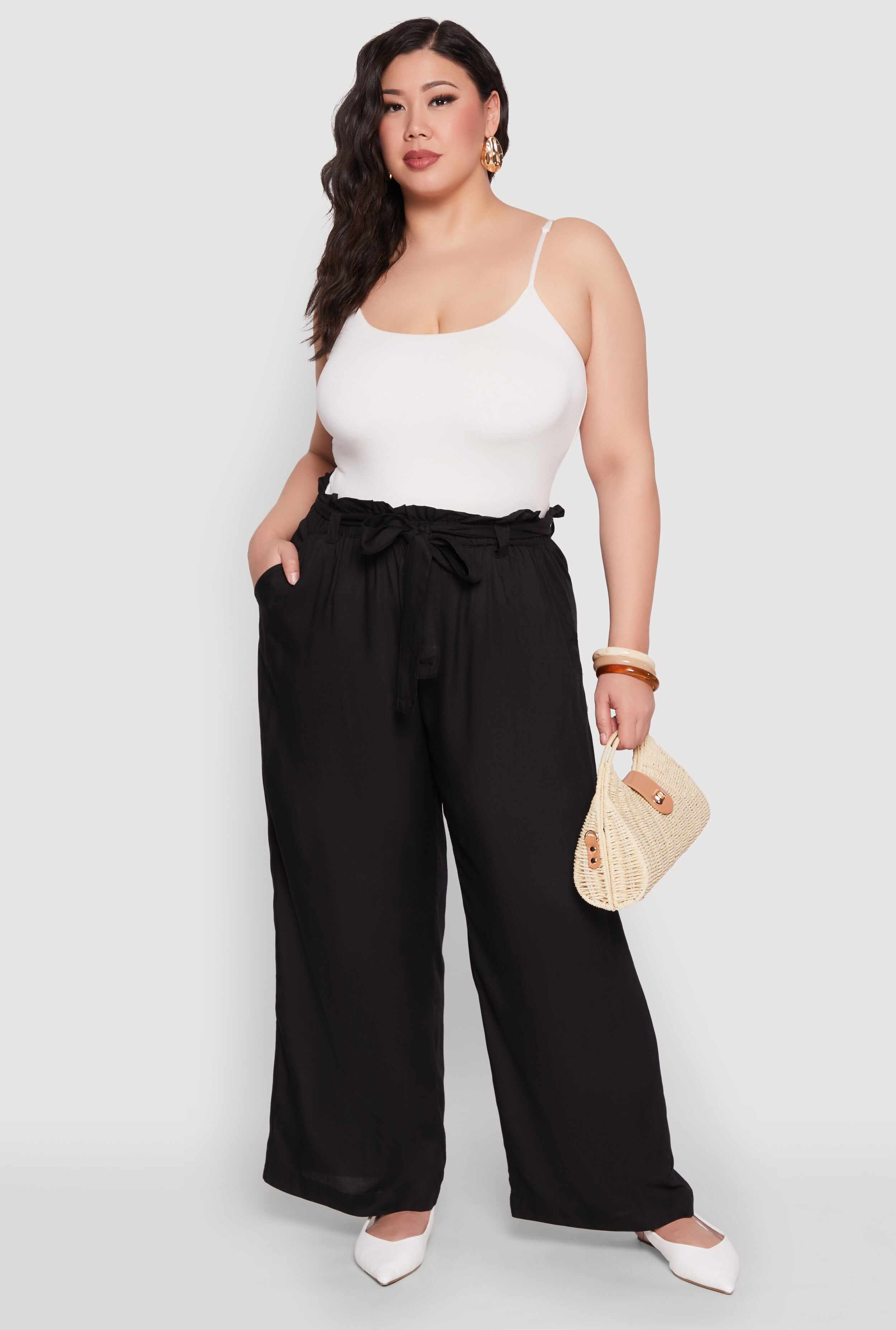 Plus Size Paper Bag Waist Belted Pants