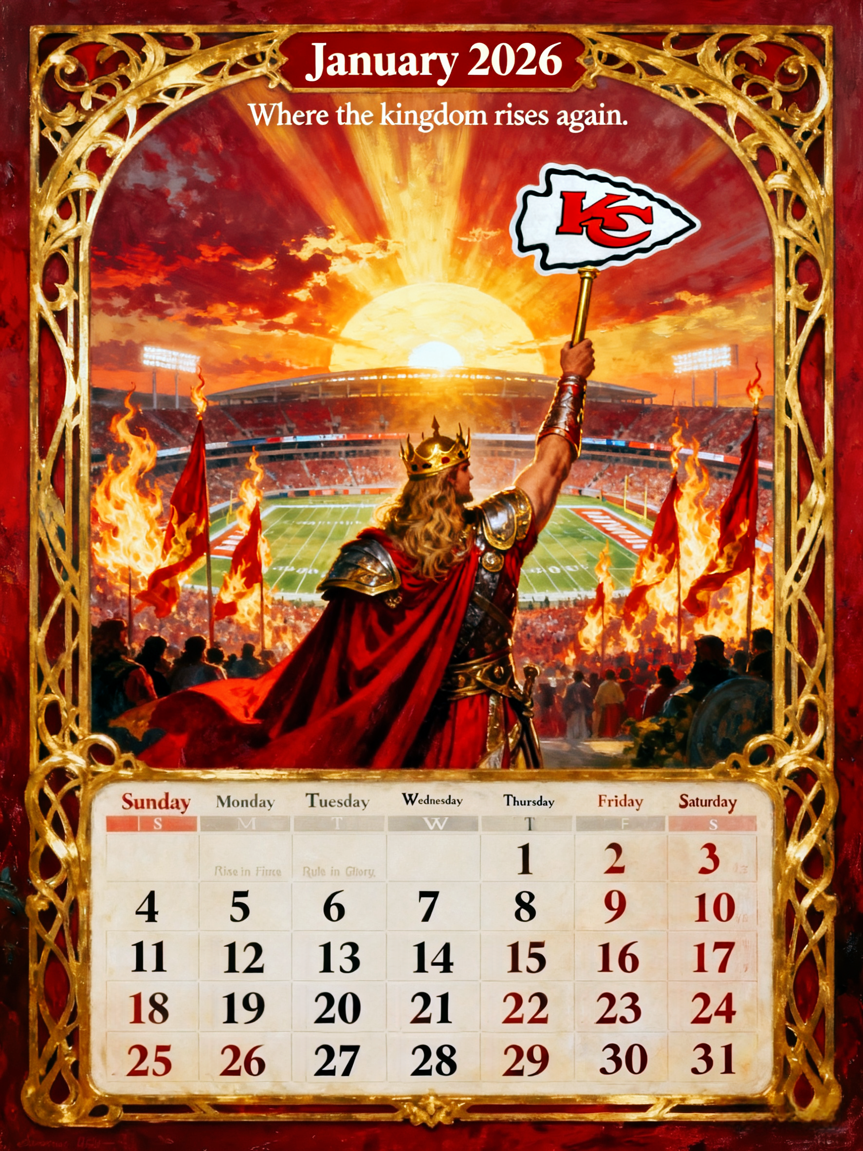 🏈 Kingdom of Fire – Kansas City Chiefs 2026 Collector’s Calendar