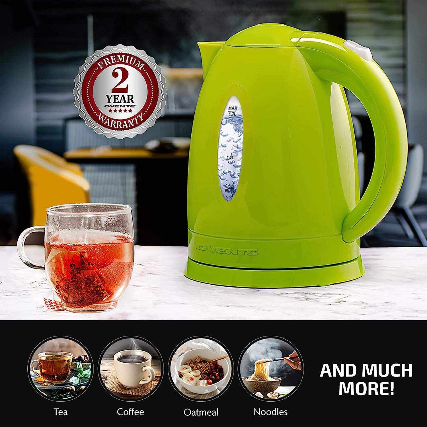 OVENTE Electric Kettle Hot Water Heater 1.7 Liter - BPA Free Fast Boiling Cordless Water Warmer - Auto Shut Off Instant Water Boiler for Coffee & Tea Pot - White KP72W