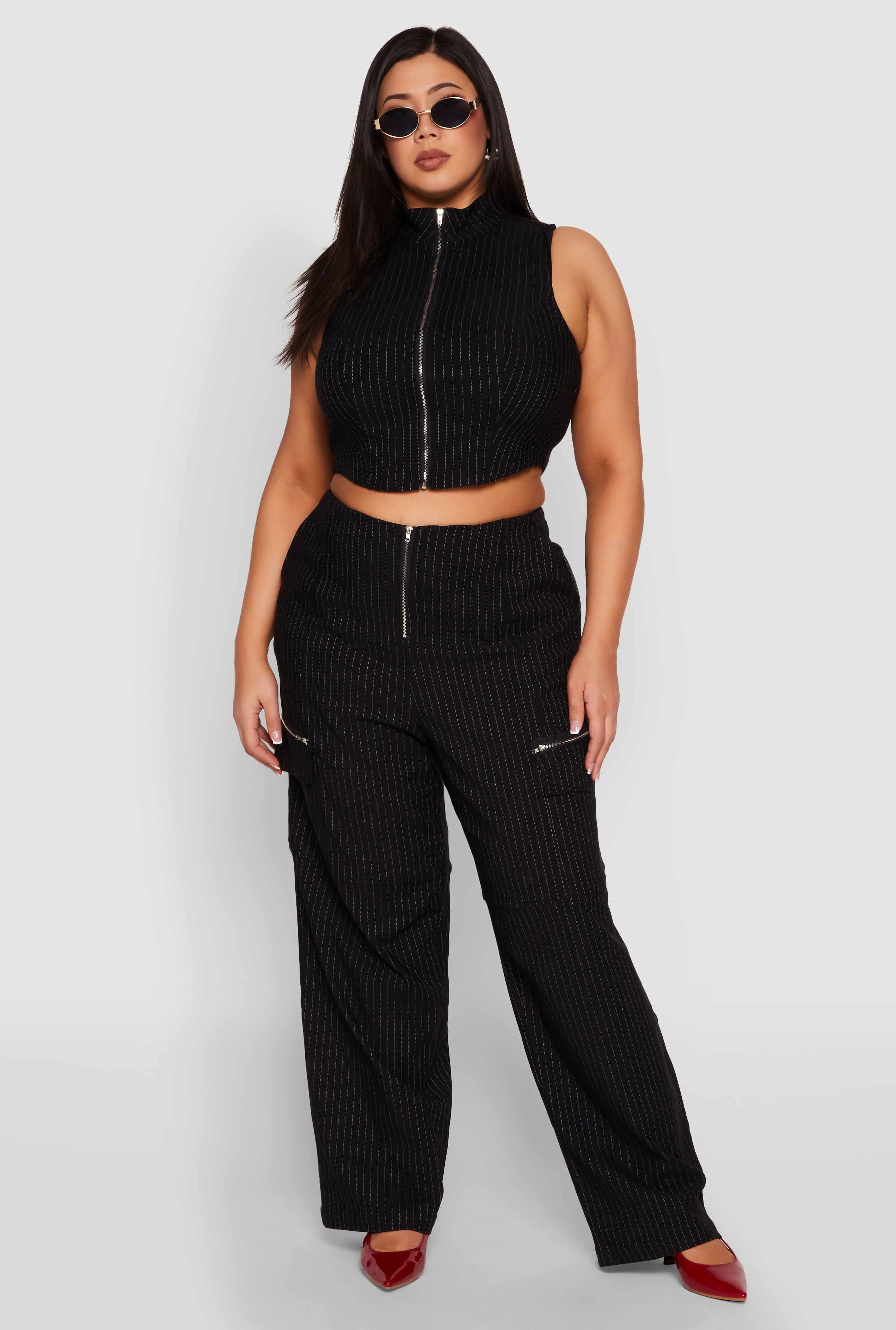 Plus Size Pinstripe Zip Front Crop Top