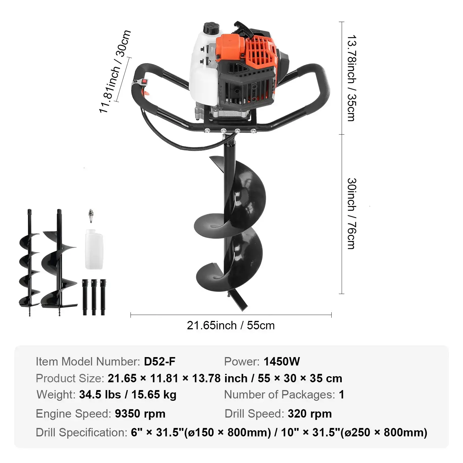 Post Hole Digger,  52cc 1450W Auger Post Hole digger, Gas Powered Earth Digger with Two Earth Auger Drill Bit 6