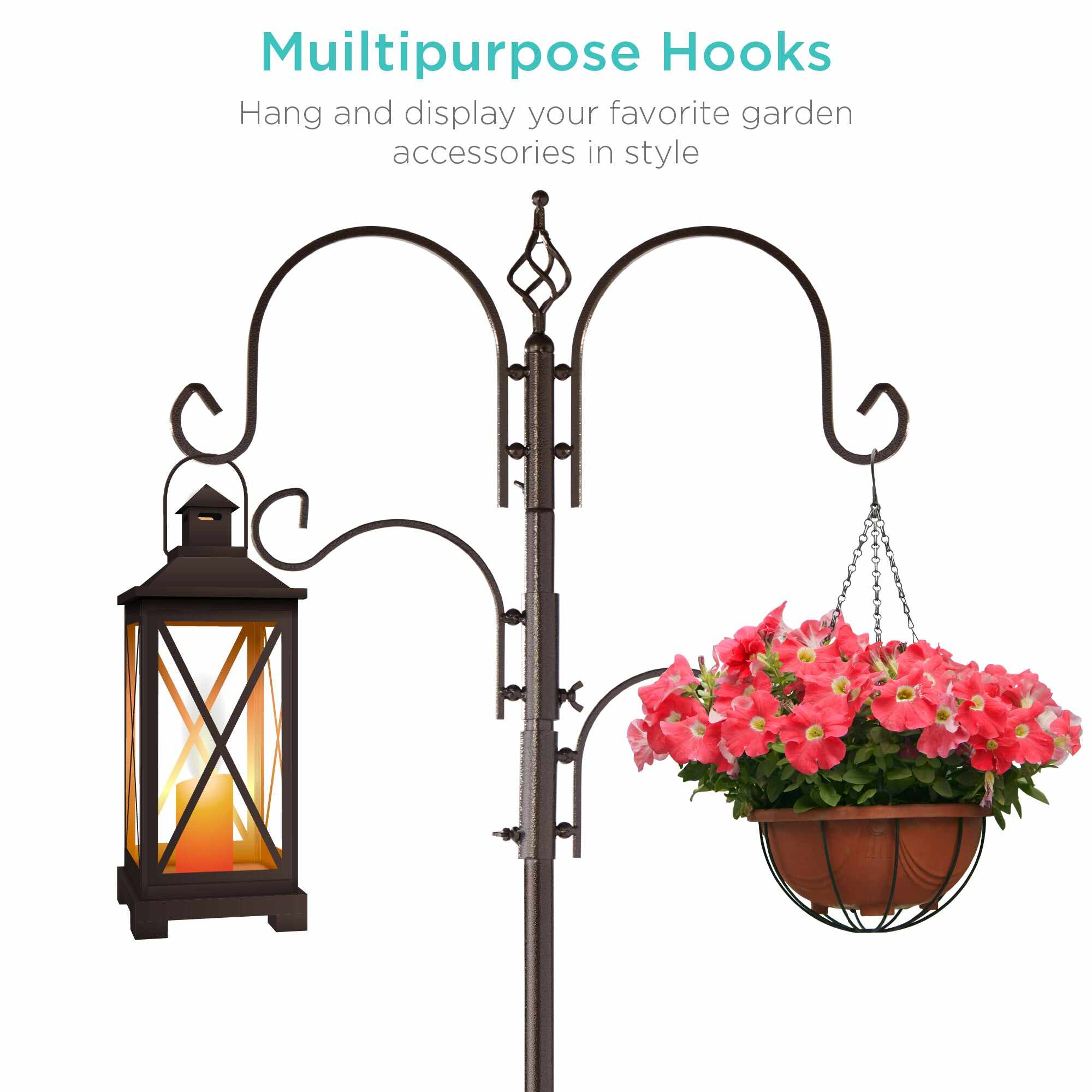 4-Hook Bird Feeding Station, Steel Feeder Stand w/ 2 Bird Feeders - 91in