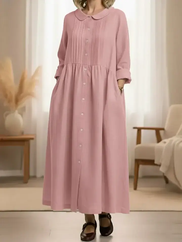 🔥Summer Arrivals🌟Women's Peter Pan Collar Long-sleeved Cotton And Linen Dress