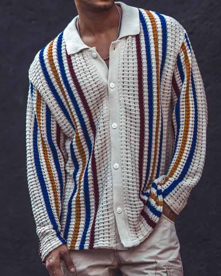 Men's Casual Striped Printed Long Sleeve Knitted Sweater Jacket
