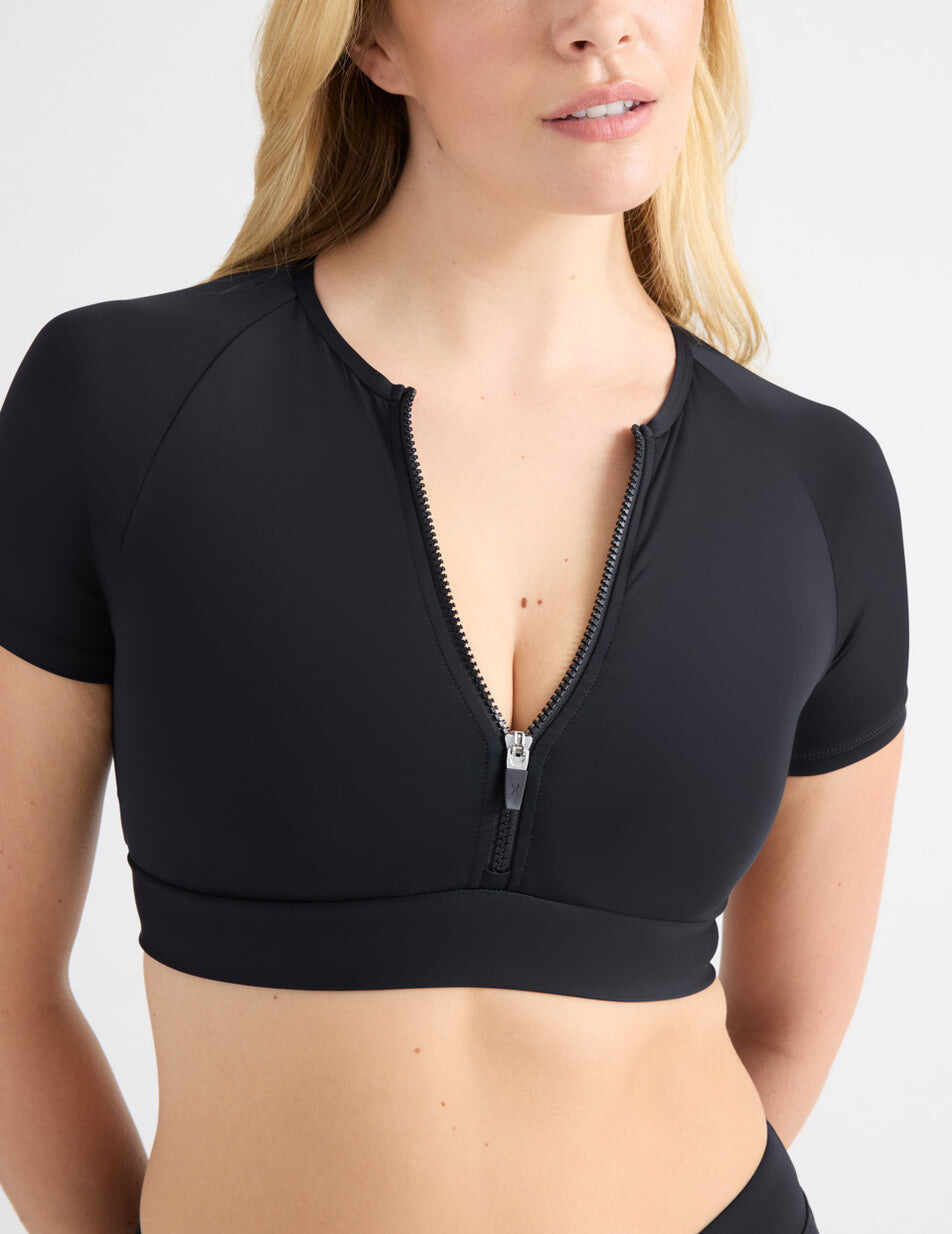 Short Sleeve Zip Cropped Swim Top