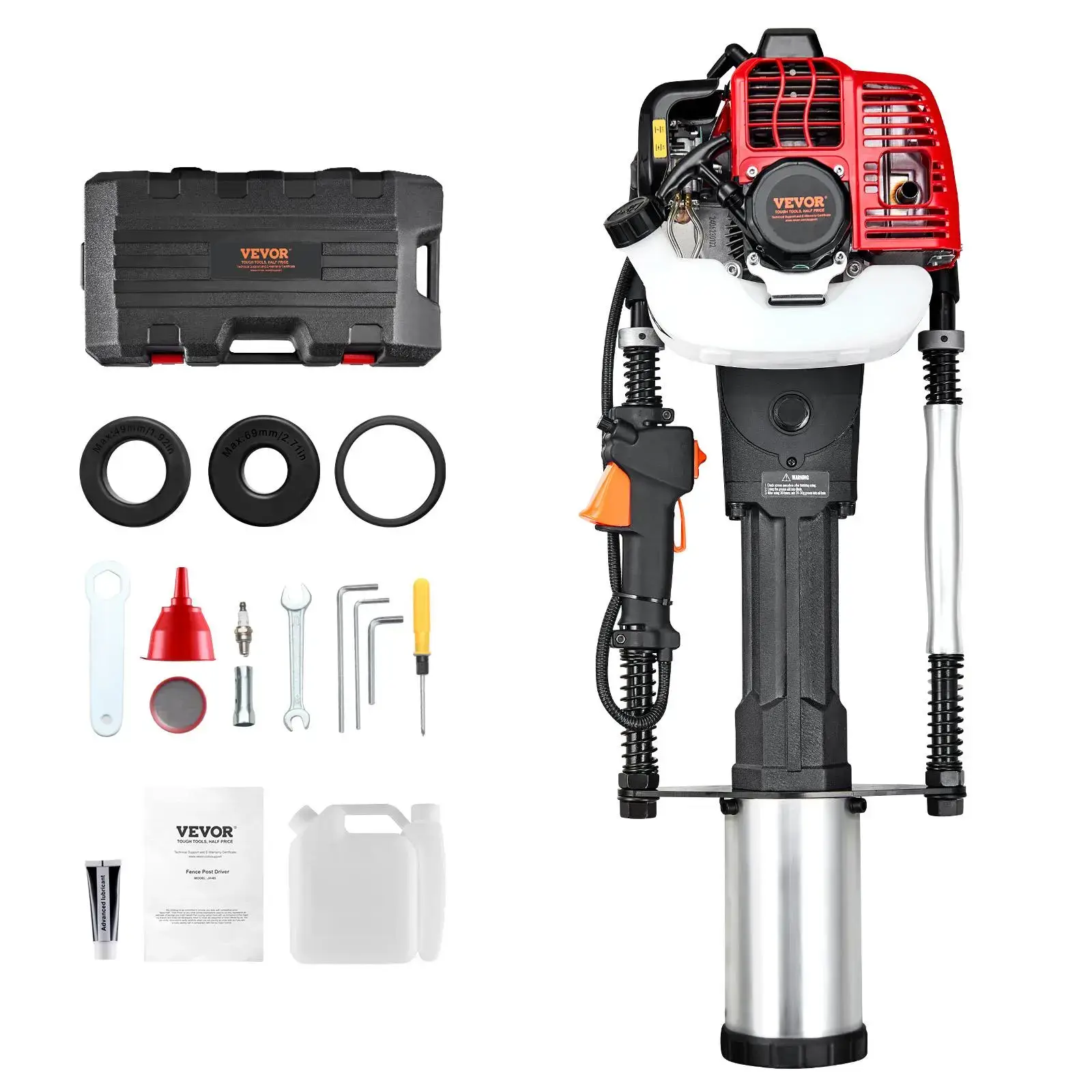 52cc Gas-Powered T Post Driver,2-Stroke Engine Gasoline Fence Piling Pounder, 1300W Portable Piledriver with 3 Post Driving Head(49/69/100 mm) , For Farm, Ranch Fencing, Road Improvements