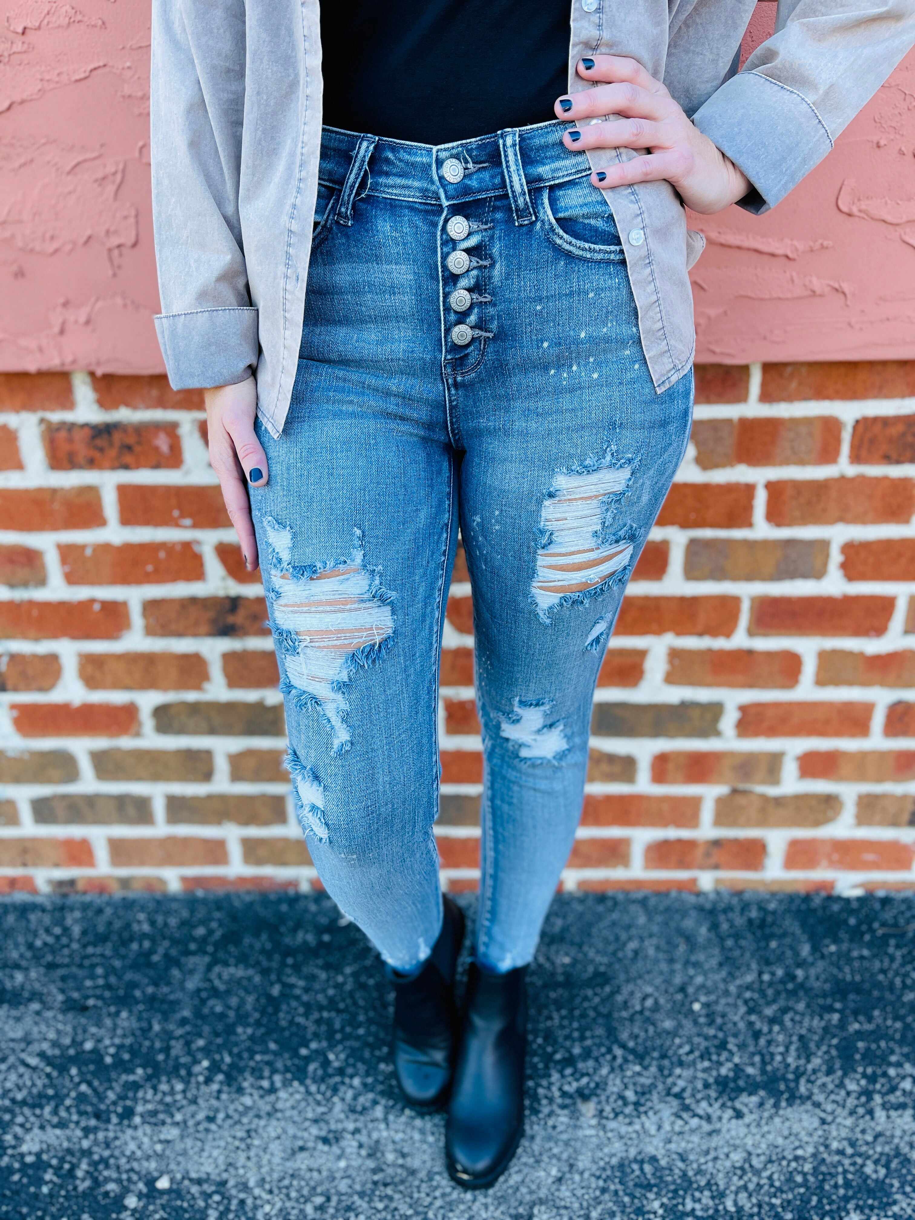 RESTOCK PLUS/REG Not A Basic Bleach Splatter Button Fly Skinny Jeans
