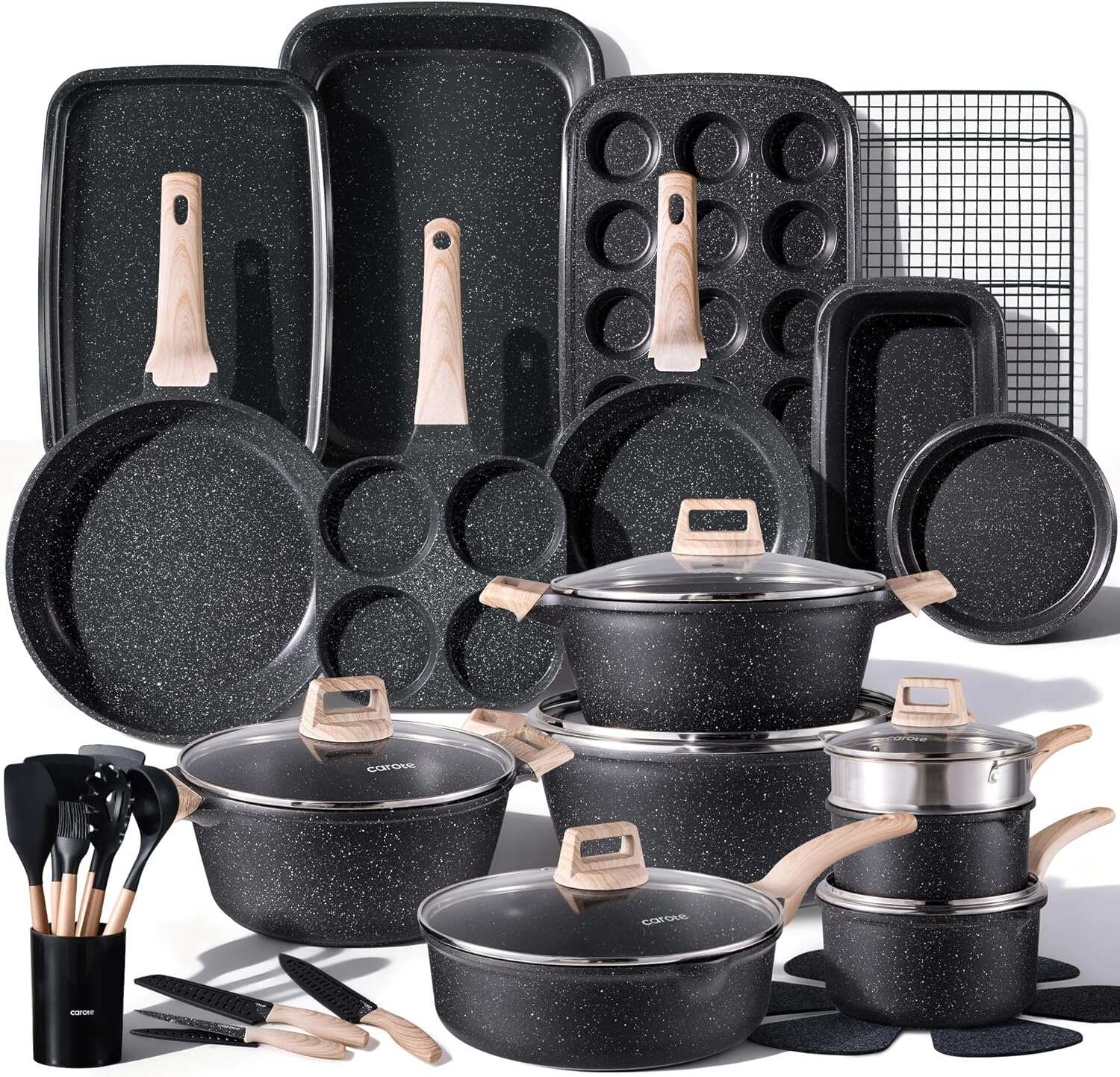 CAROTE ICE 35pcs Pots and Pans Set, Nonstick Cookware Sets, White Granite Induction Cookware with Kitchen Knife Set