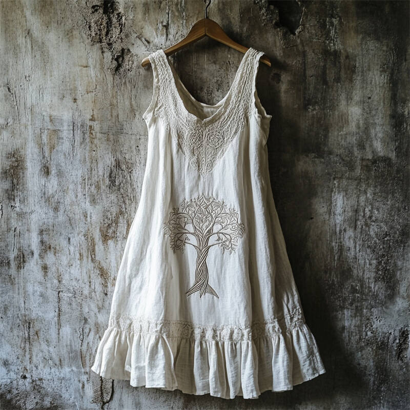 Tree Of Life Lace Patchwork Ruffle Hem Linen Dress