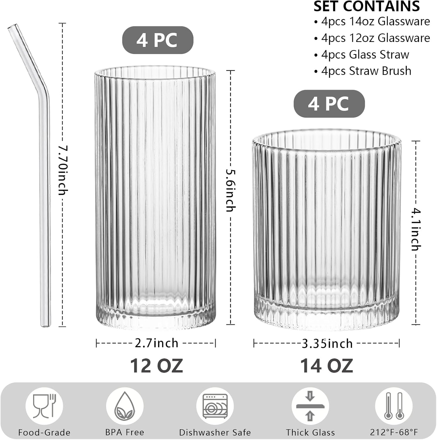 INSETLAN 8-piece vintage glassware set - 4 tall wine glasses 12 ounces (approximately 340.2 grams), 4 rock glass 14 ounces (approximately 396.9 grams), ribbed glass cocktail glasses, perfect for wine, juice, water, iced coffee, whisky, and mixed drinks.