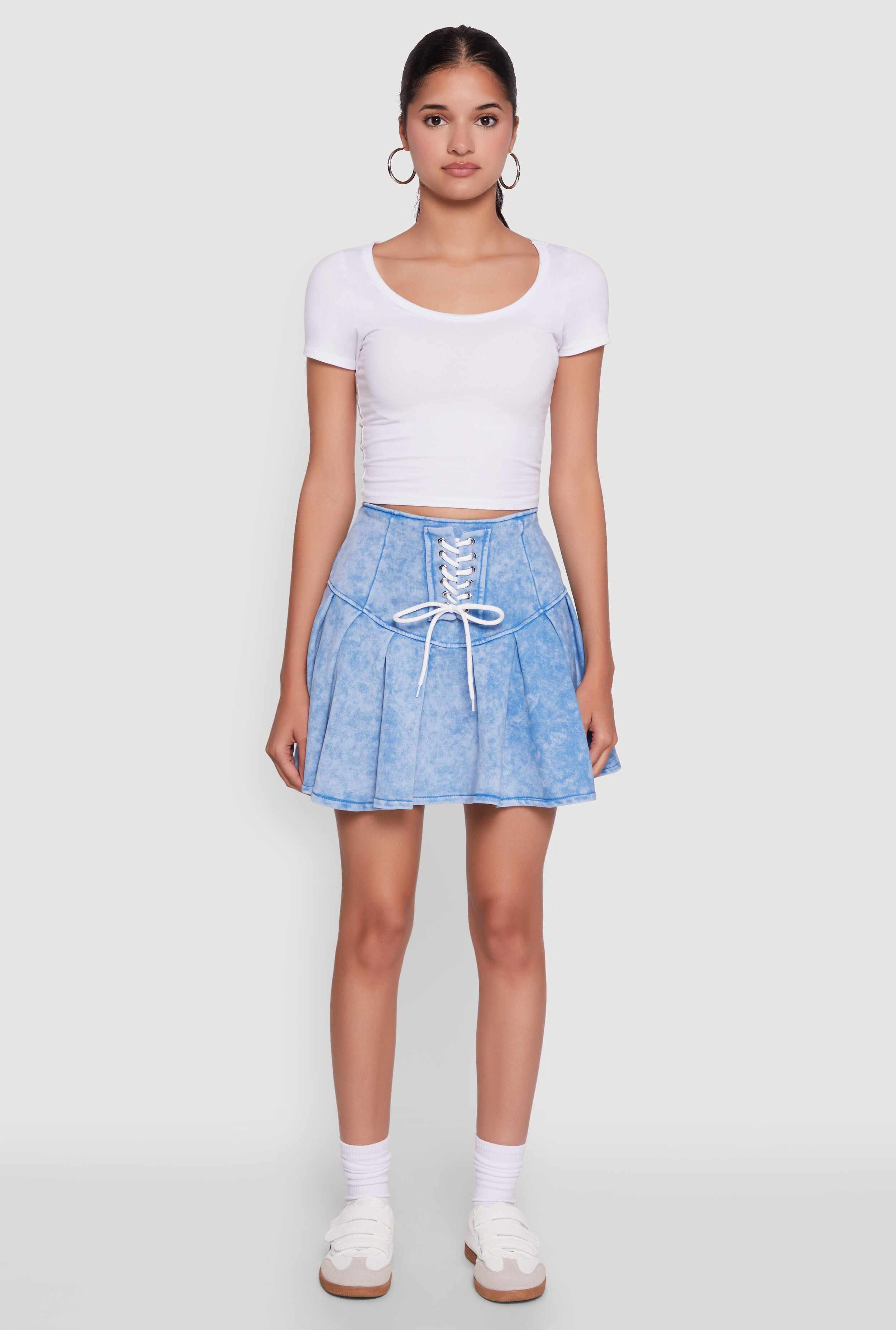 Trendy Lace Up Detail Mineral Wash Pleated Skirt