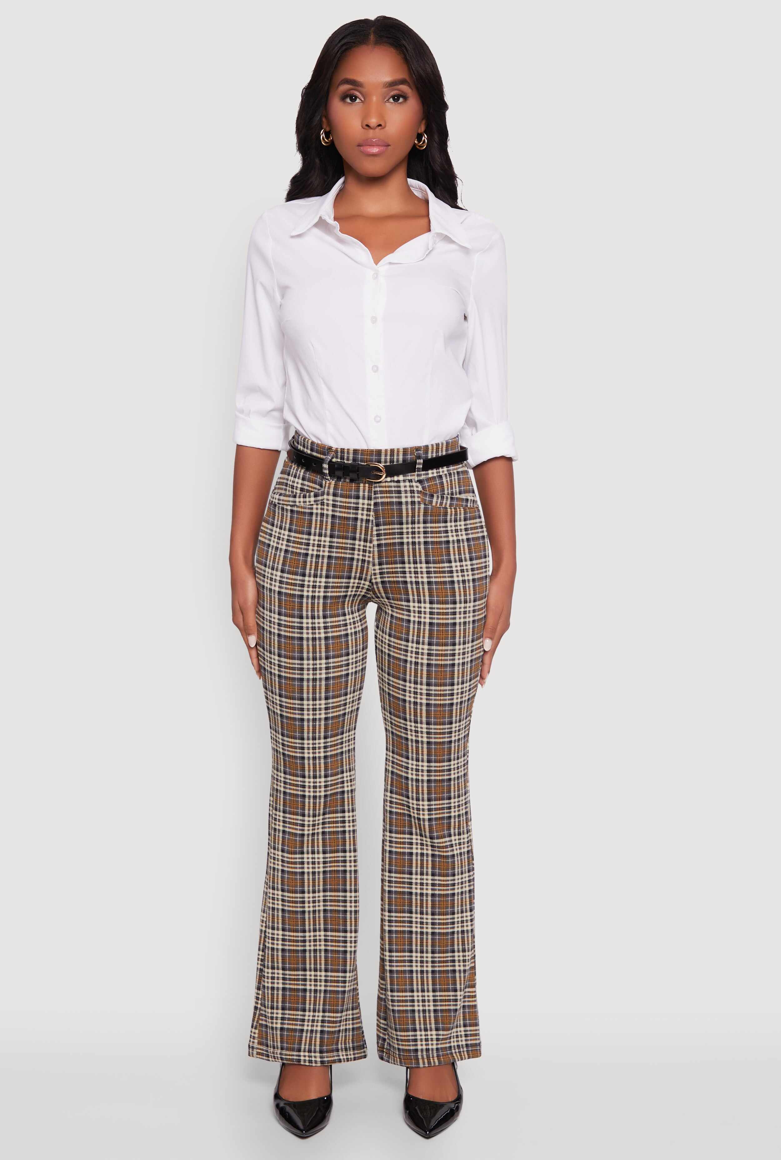 High Waisted Plaid Boot Cut Trousers with Belt