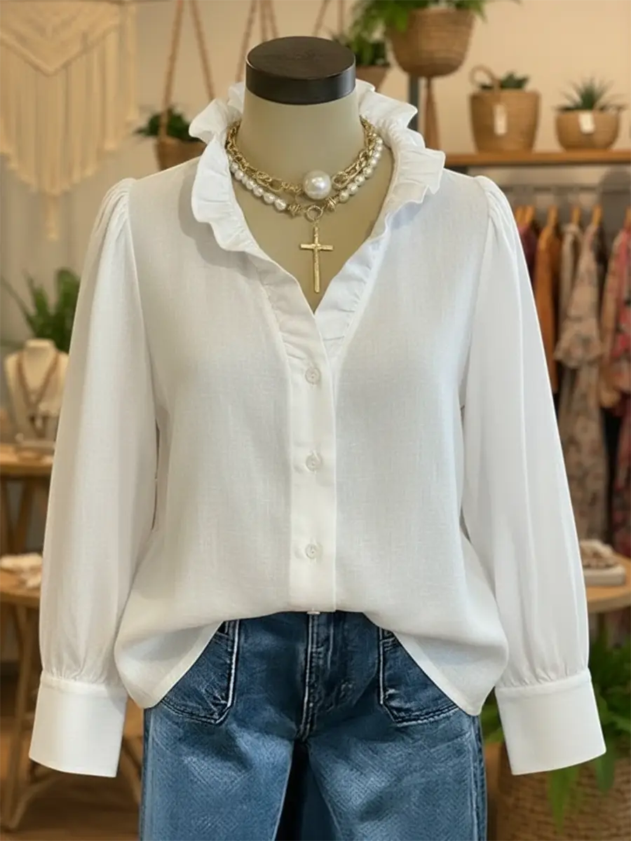 🔥Summer Arrivals🌟Vintage Romantic Ruffled V-neck Linen-cotton Blend Shirt
