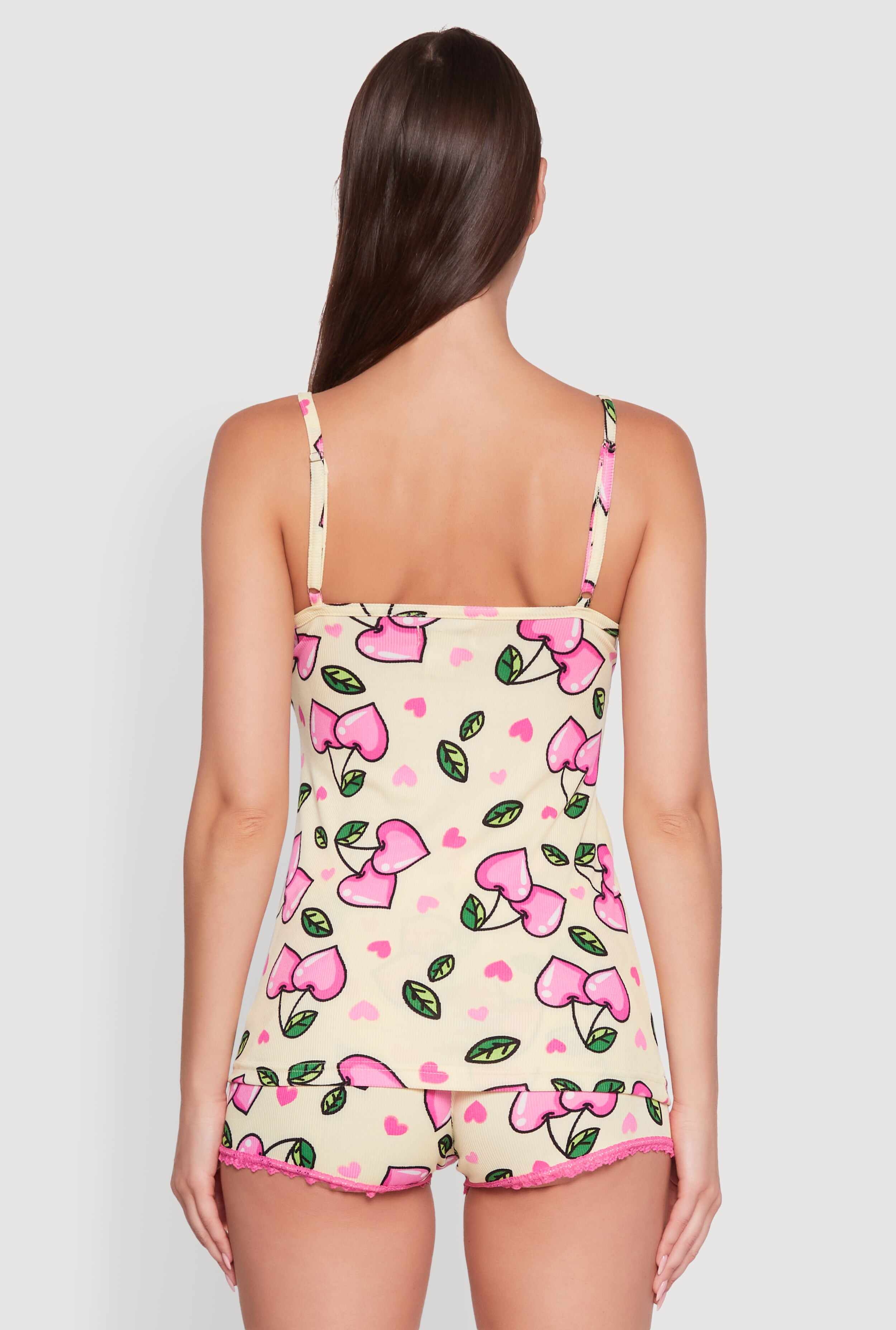 Cherry Heart Print Lace Detail Pajama Cami and Shorts