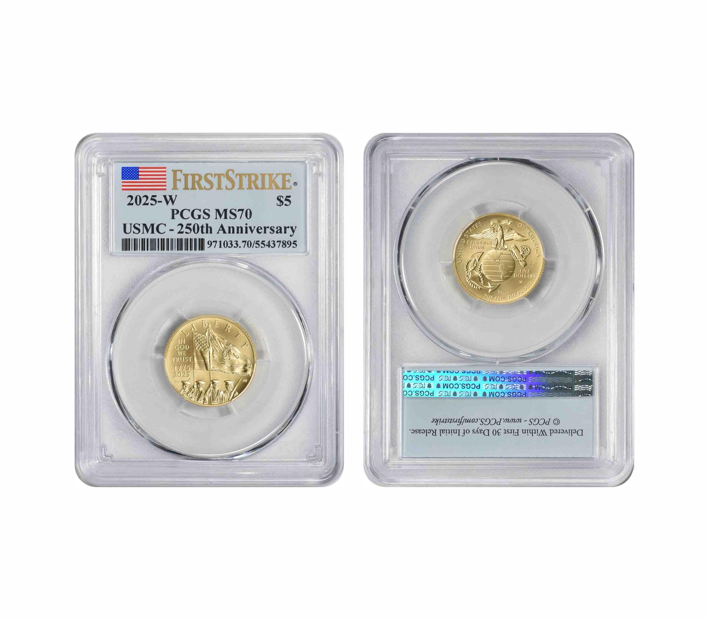2025 W U.S. Marine Corps USMC 250th Anniversary $5 Commemorative Gold, First Strike PCGS MS70 G