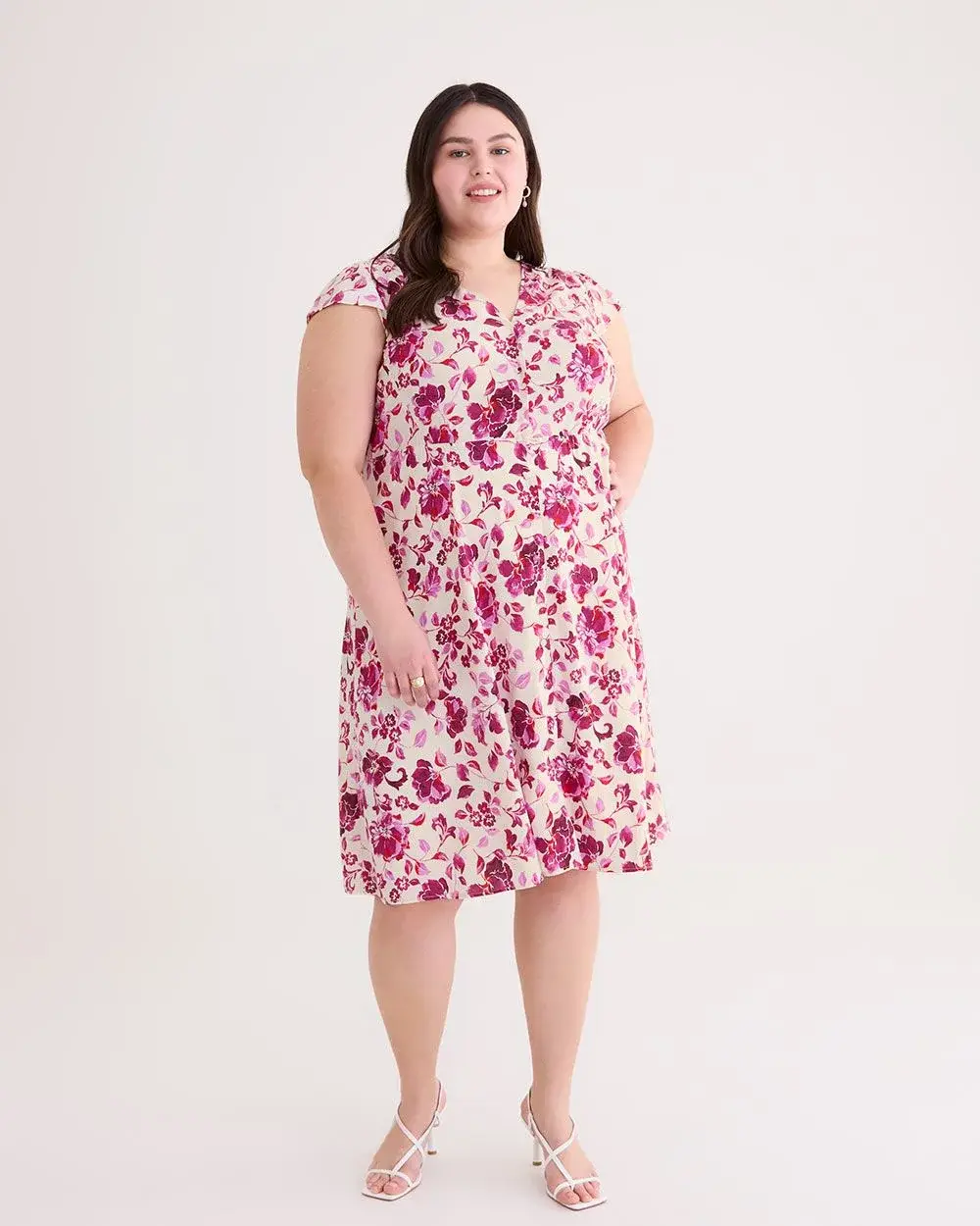 Responsible, Printed Button Down Dress with Cap Sleeves