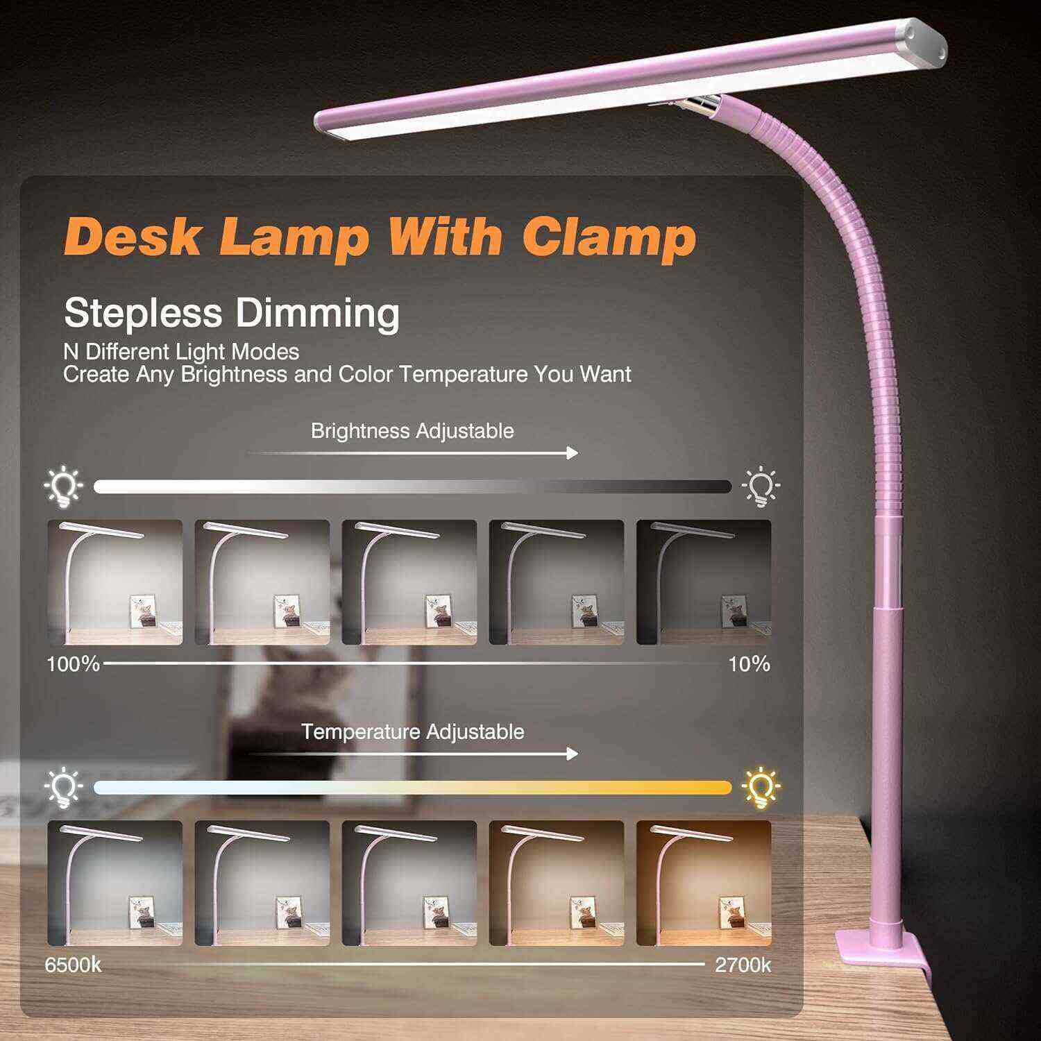 LED Desk Lamp for Office Home, Eye-Caring Desk Light with Stepless Dimming Adjustable Flexible Gooseneck, 10W USB Adapter Desk Lamp with Clamp for Reading, Study, Workbench (Black)