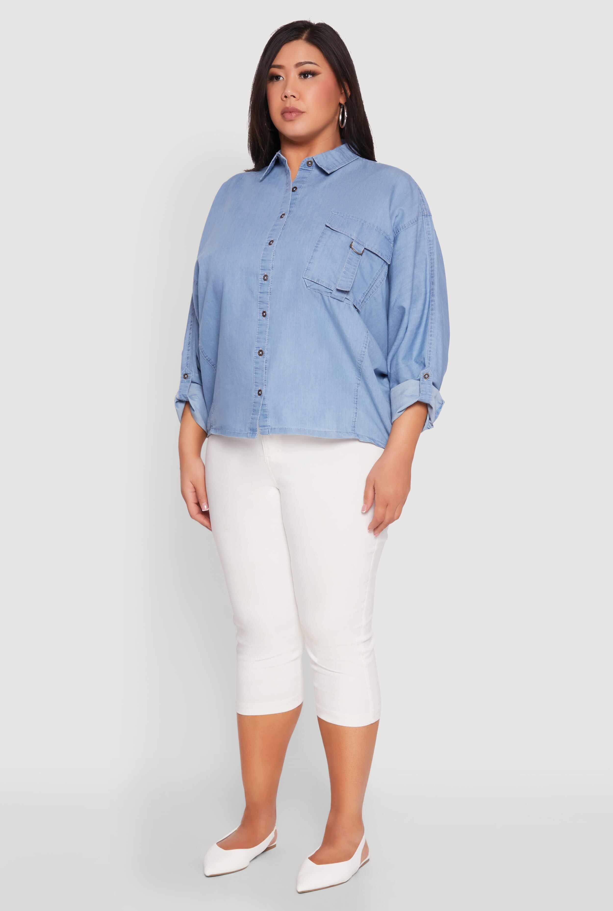 Plus Size Chambray Tabbed Pocket Shirt