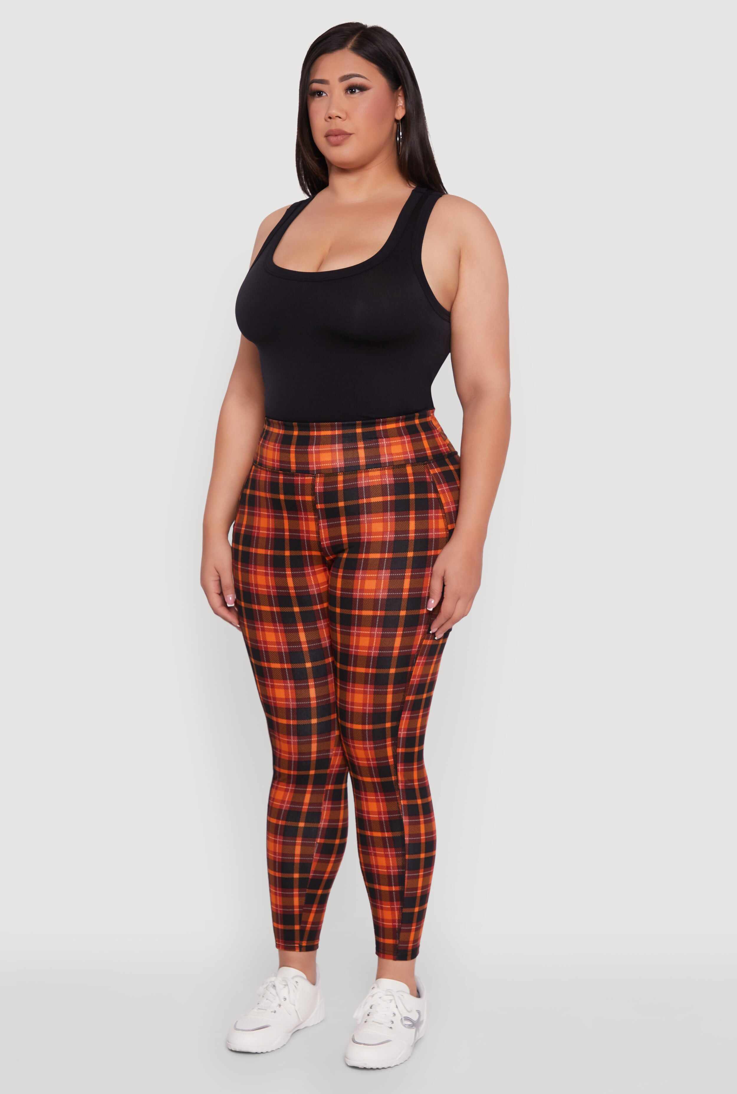Plus Size High Waisted Cell Phone Pocket Plaid Leggings
