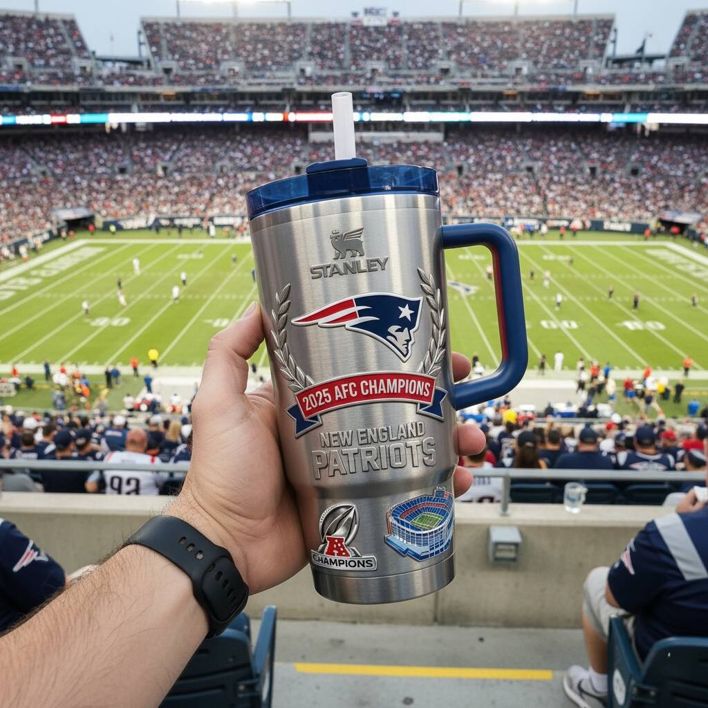 Celebrating the New England Patriots' victory in the 2025 AFC Stanley Tumbler
