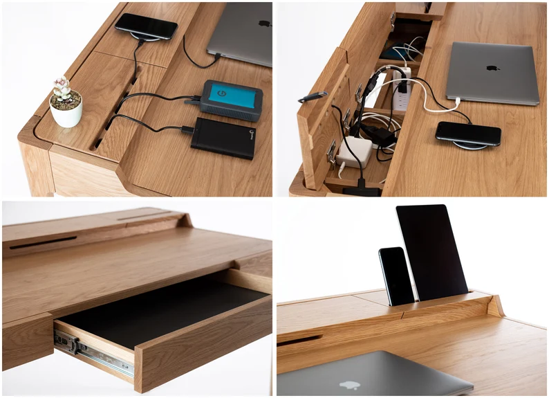 Solid Wood Writing Desk with Drawer and Cable Management | Scandinavian Mid Century Modern Large Desk | Walnut & Oak | NOVA DESK