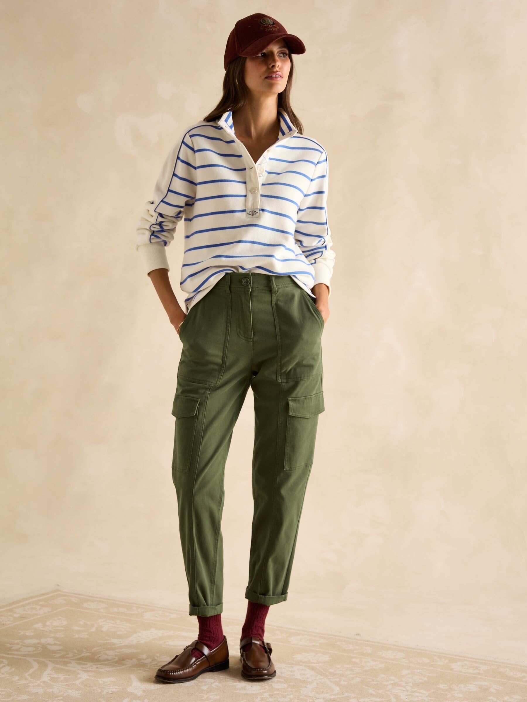 Southwold Cream & Blue Cotton Button Down Striped Sweatshirt