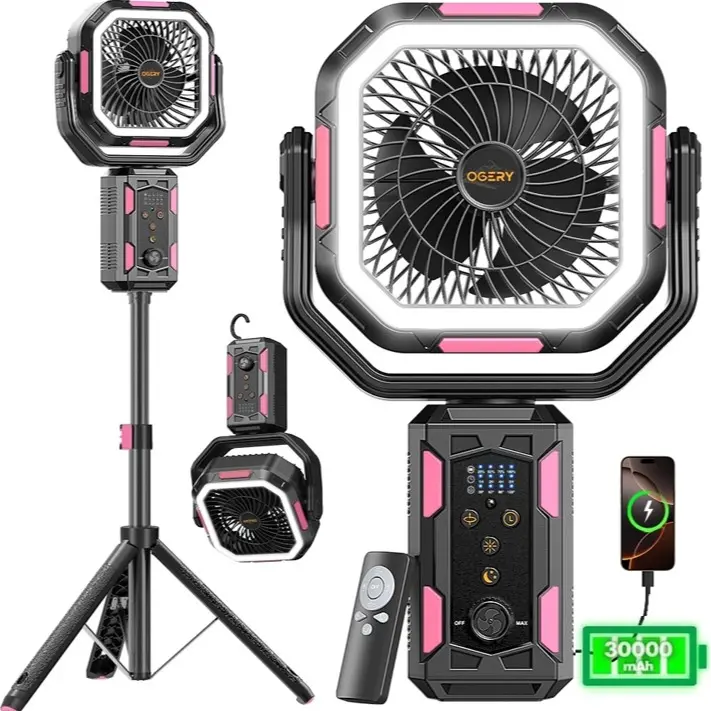 4 in 1 Cordless Camping Fan, 30000mAh Rechargeable Fan with Detachable Tripod, LED Lights & 270° Pivot, Remote Control Oscillating Portable Fan for Tent Travel Bedroom