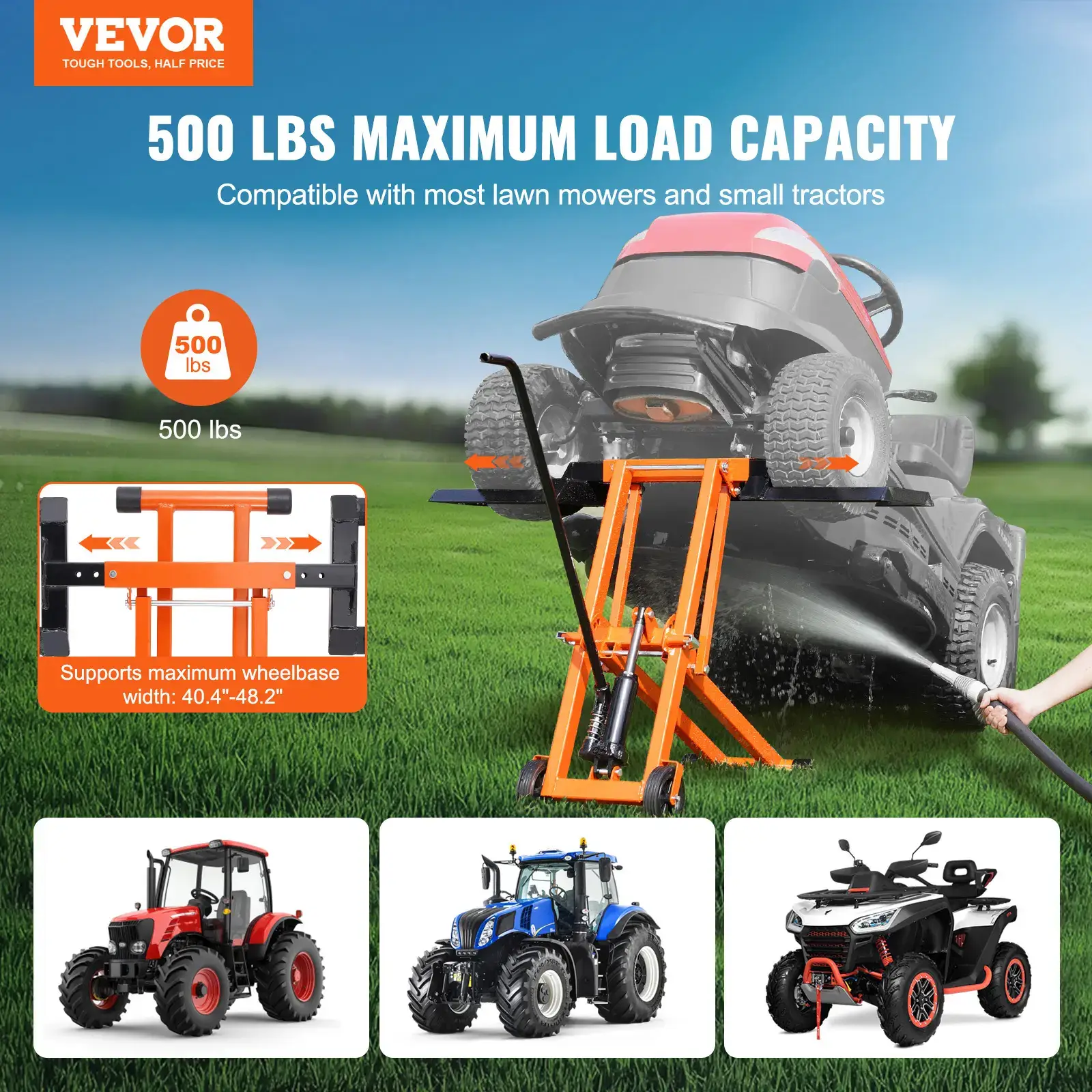 Lawn Mower Lift with Hydraulic Jack,  500 Lbs Weight Capacity, Solid Carbon Steel Lawn Mower Lift, Adjustable Movable Lawn Lifter for Riding Tractors and Zero Turn Lawn Mowers, Orange