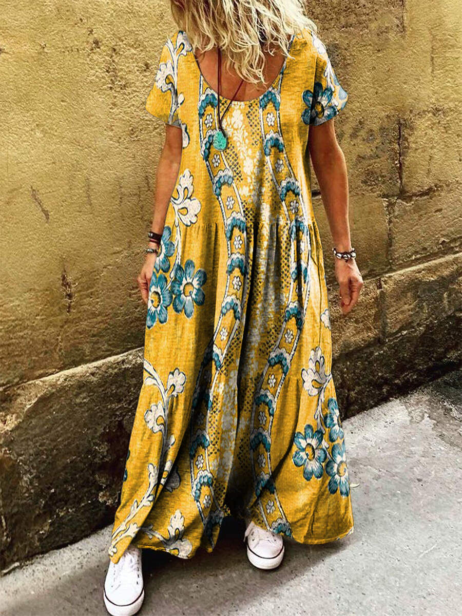 Women's Vintage Bohemian Floral Art Print Pocket Short Sleeve Cotton Dress