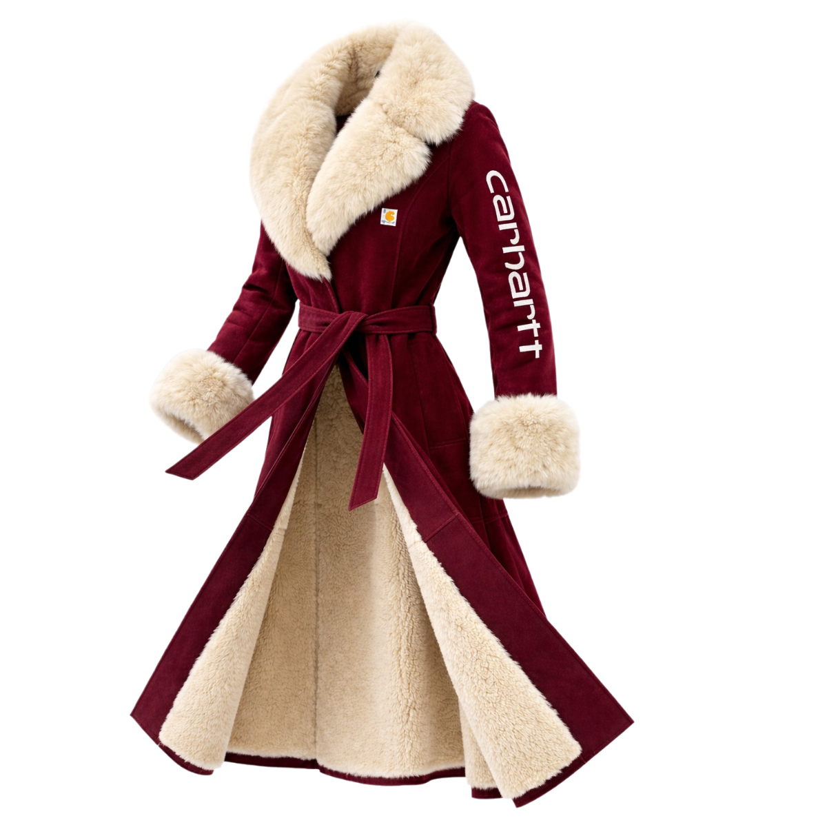 Luxurious Long Faux Fur Coat With Reversible Design For Winter Elegance-Burgundy
