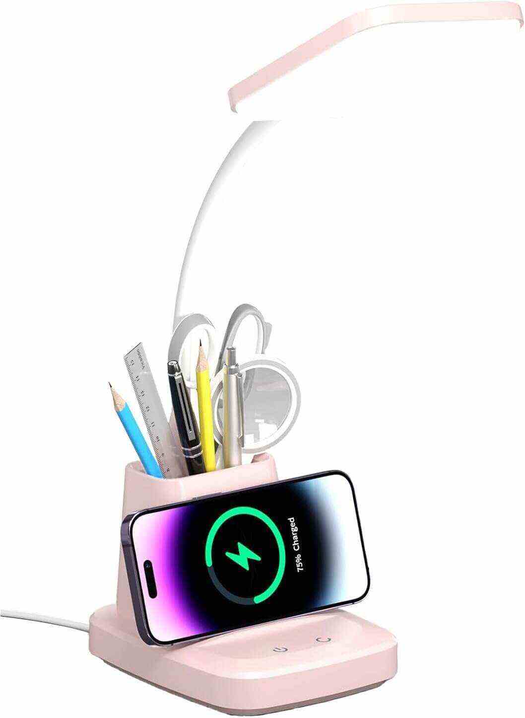 Desk Lamp with Wireless Charger, LED Desk Lamps for Home Office, 800 Lumens, Small Desk Lamp with Pen Holder, Flexible Arm, 3 Modes, Dimming, Touch Lamp for College Dorm Room