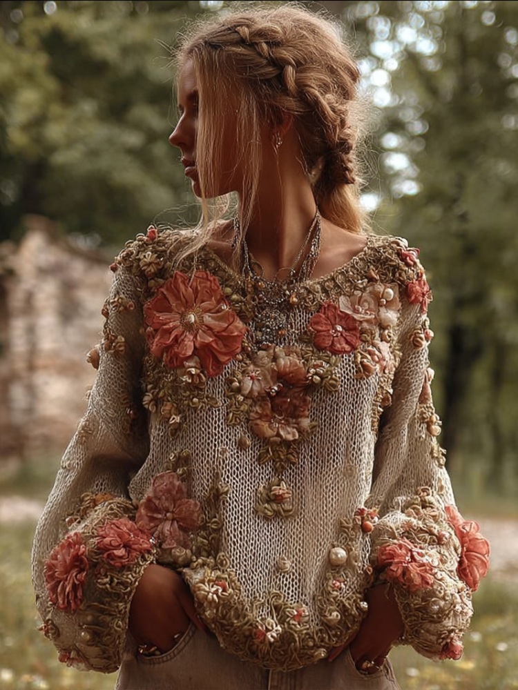 Bohemian Style Three-dimensional Flower Knitted Pattern Women's V-neck Long-sleeve Knitted Sweater