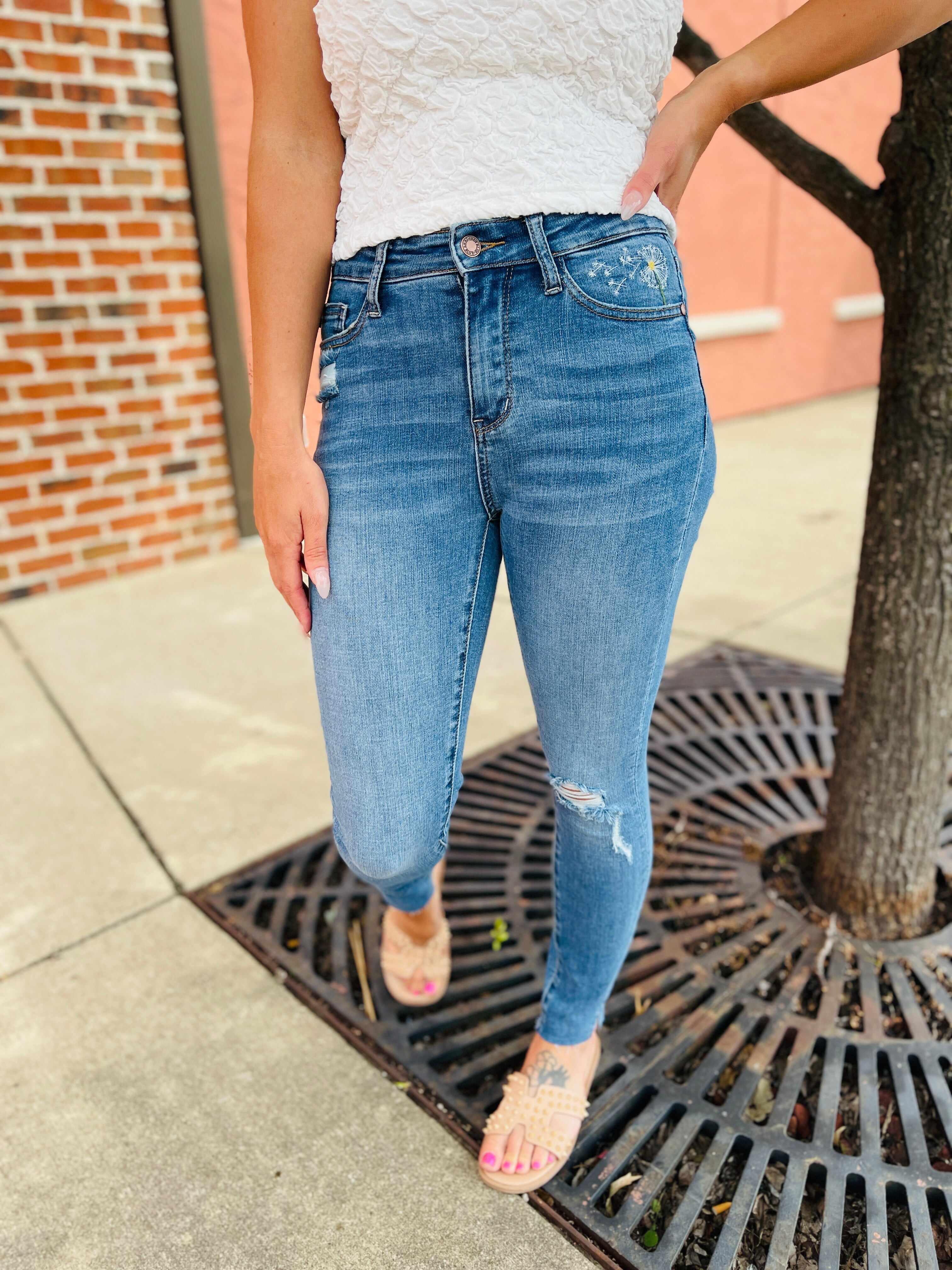 PLUS/REG Dancing In The Wind Dandelion Embroidered Skinny Jeans