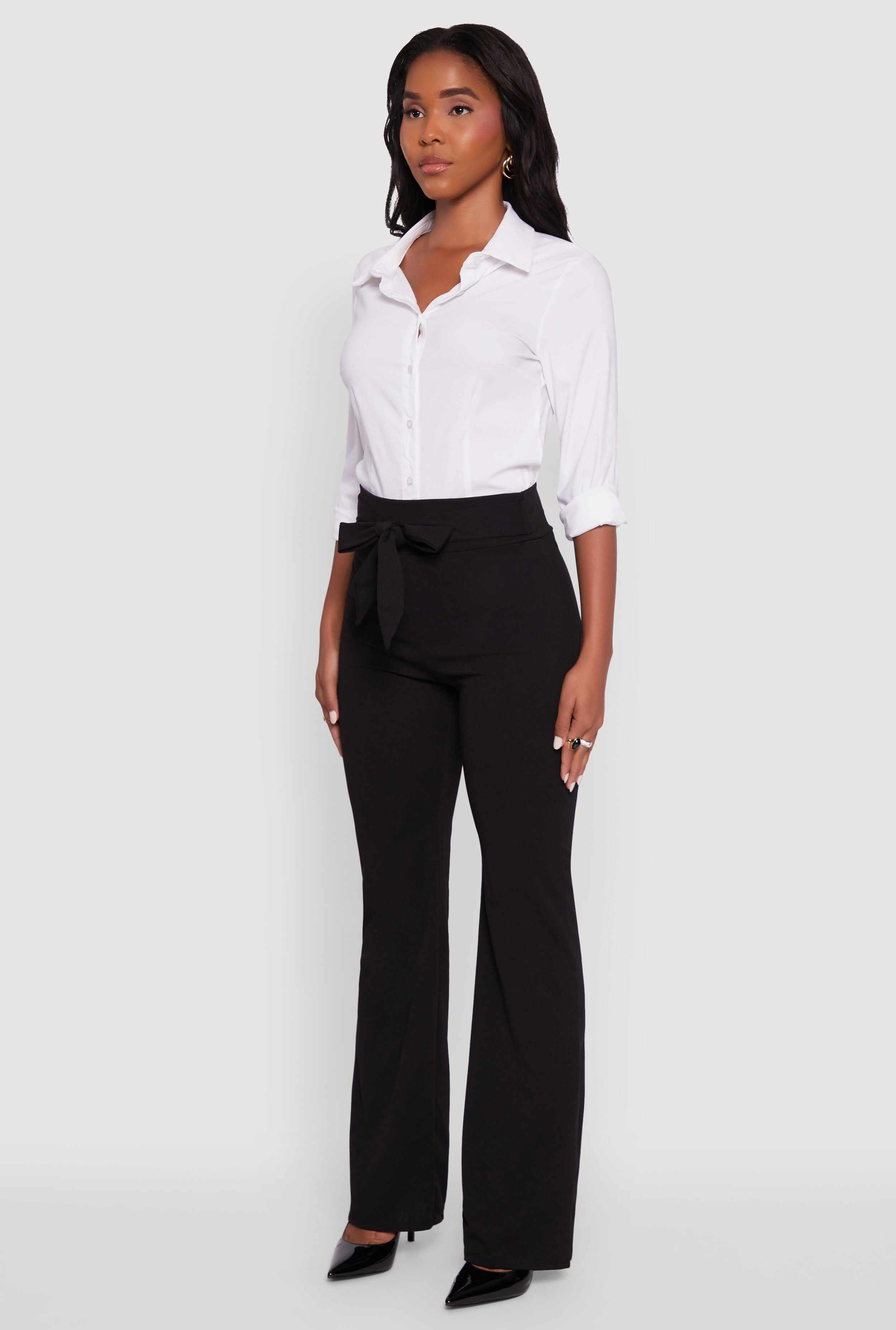 High Waisted Crepe Knit Tie Front Dress Pants