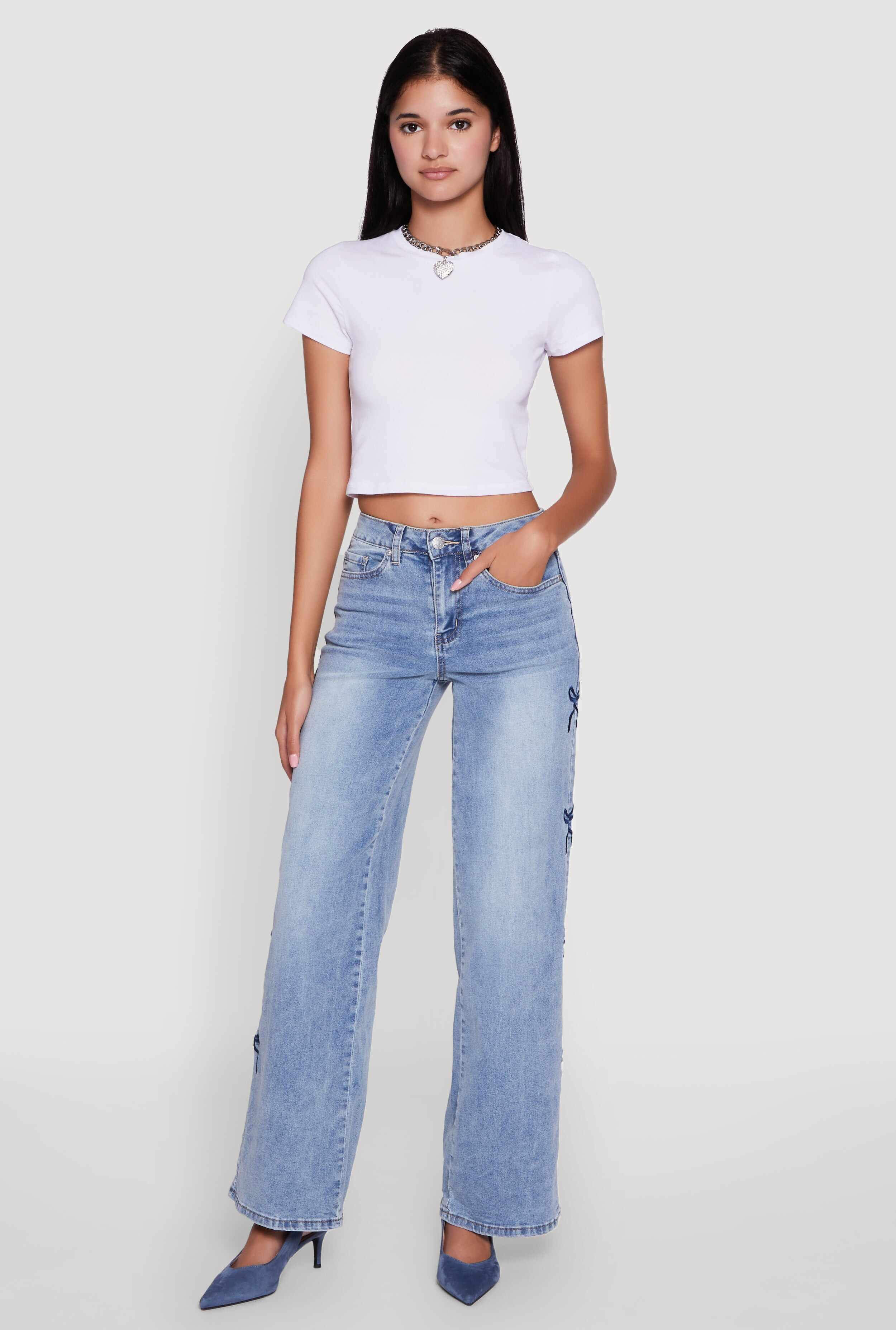 Madden Girl Mineral Wash Embroidered Bow Side Jeans