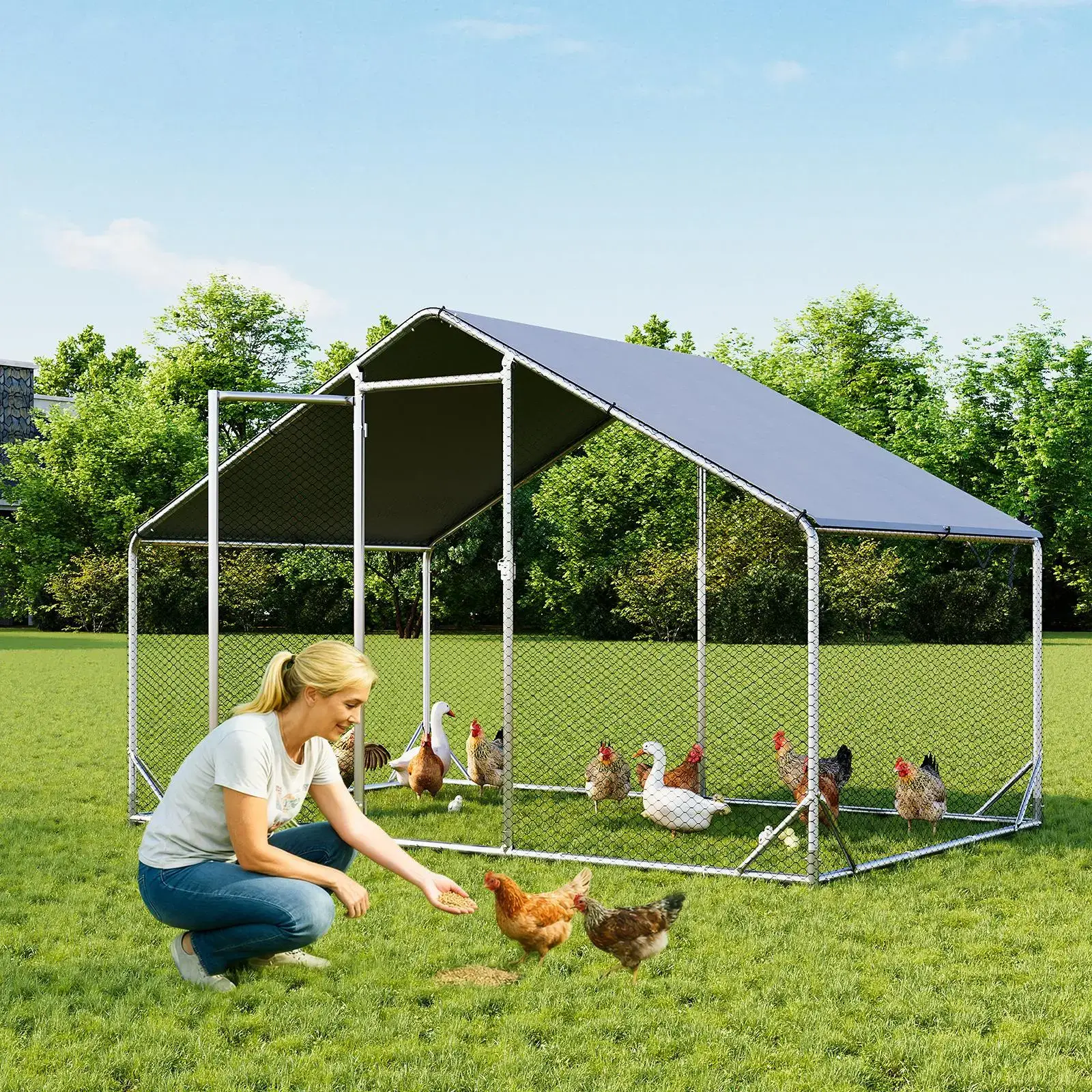 Chicken Coop Metal Large Cover Wire，spire Peak Roof Security Lock Waterproof Outdoor Poultry Enclosure for Yard & Farm Metal Poultry Coop Chicken Cage Enclosed Enclosed Poultry Hutch