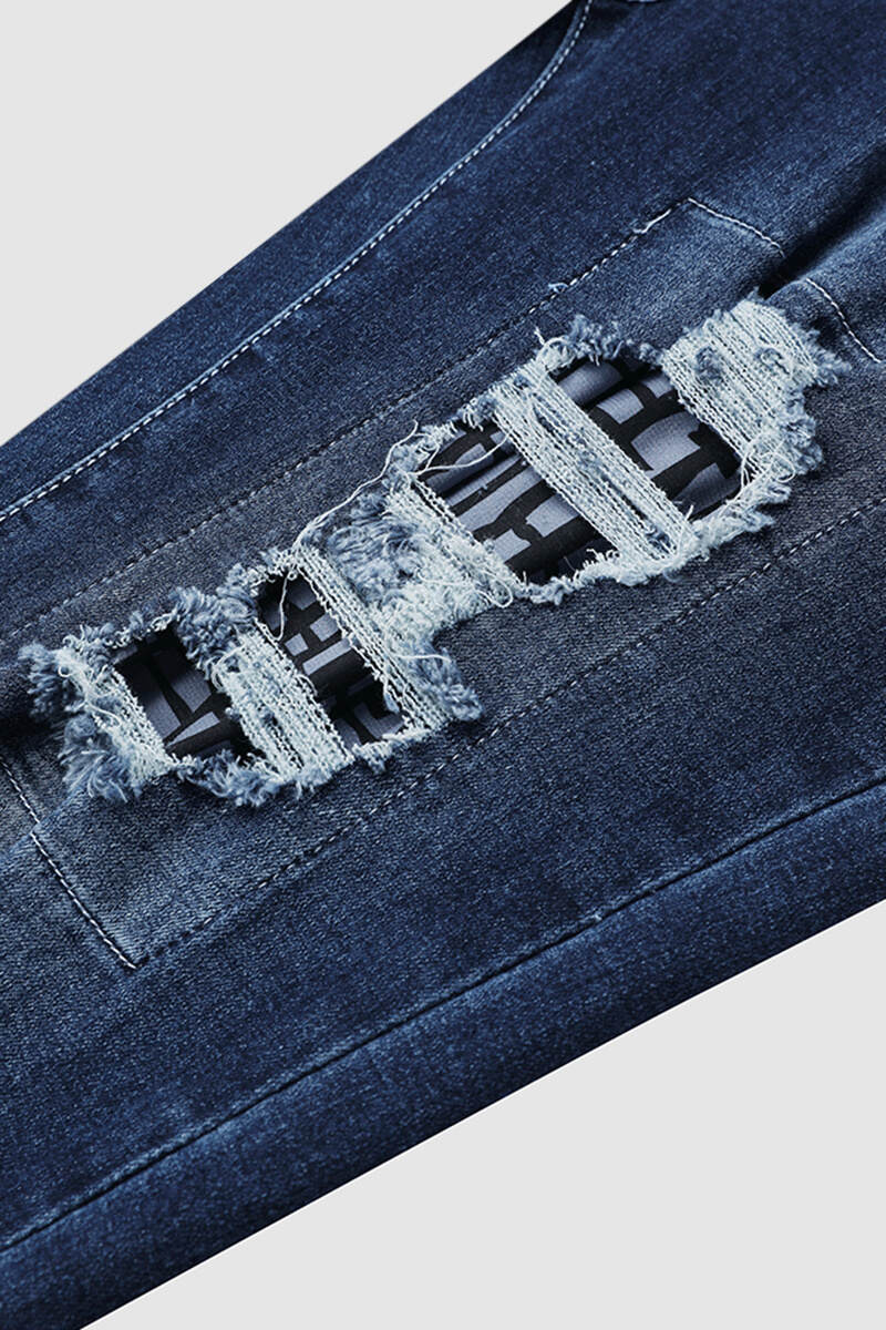 Vintage Stripe Print Ripped Mid Waist Jeans