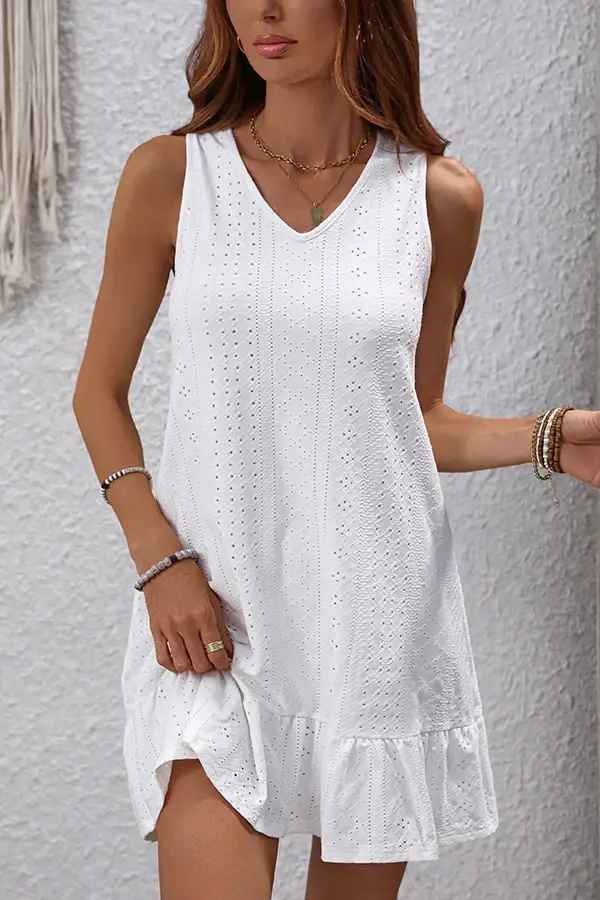 Fashion Solid White Ruflle Hem Mini Dress