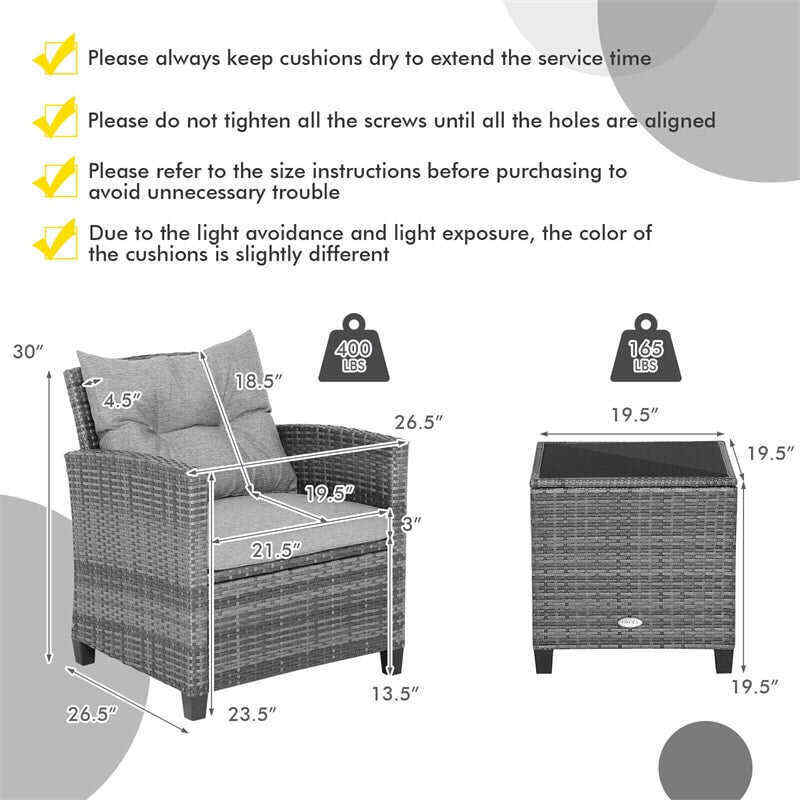 3 Pieces Patio Rattan Furniture Set Outdoor Wicker Conversation Set with Washable Cushion and Coffee Table