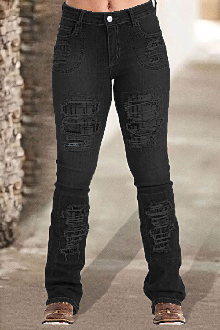 Vintage Stripe Print Ripped Mid Waist Jeans