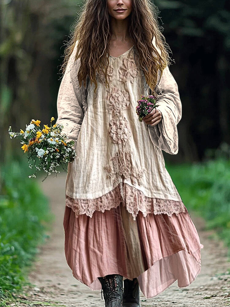 Bohemian Lace Patchwork Flowy Linen Dress