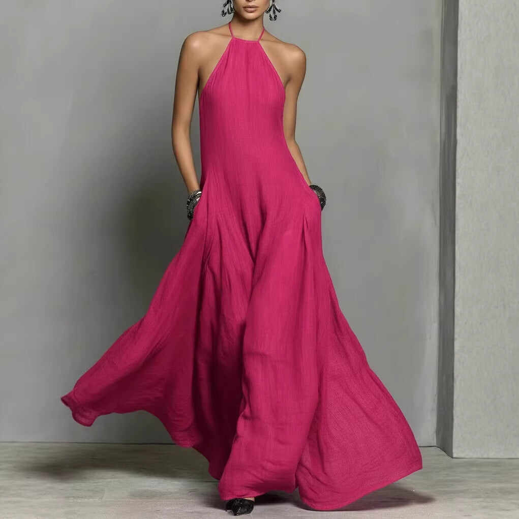Cotton And Linen Blend Simple Backless Sleeveless Long Dress