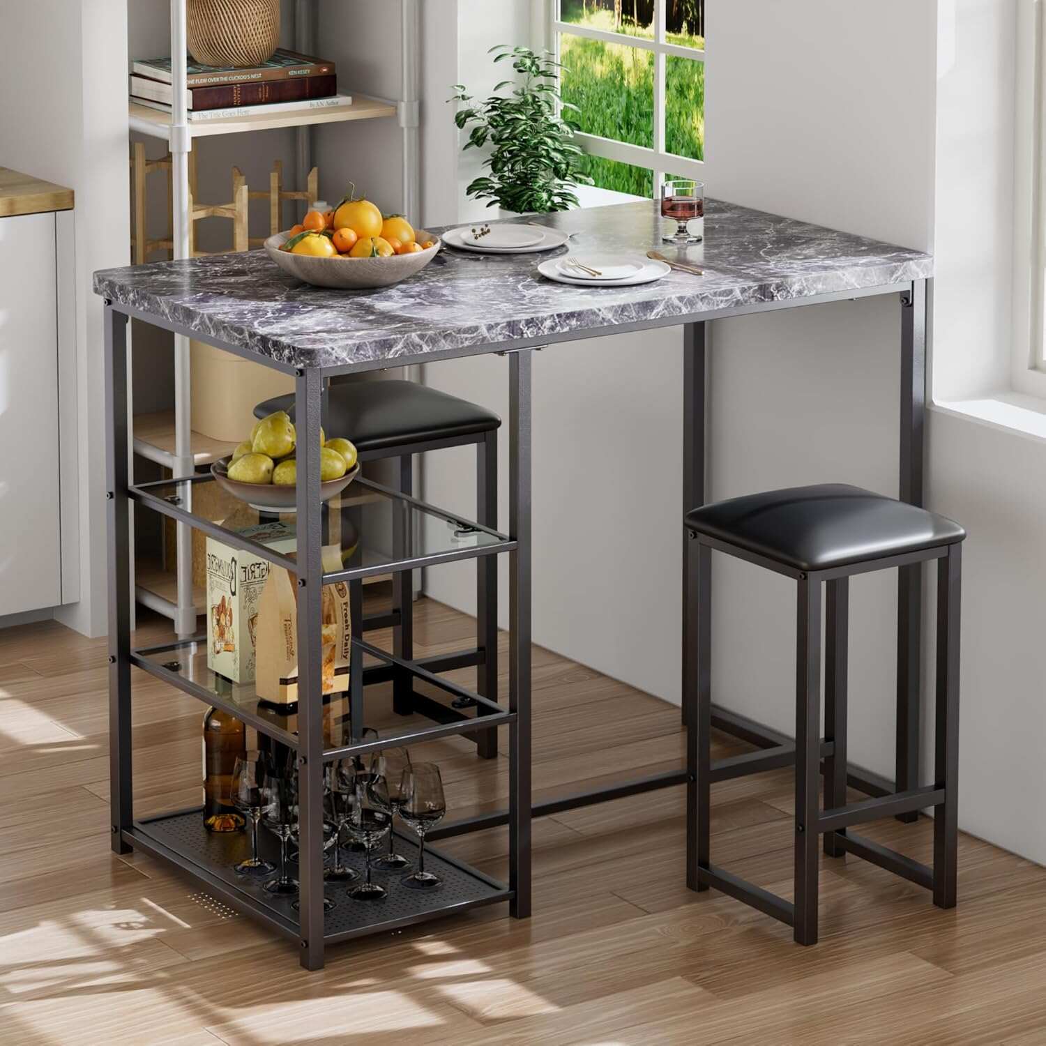 VECELO Small Bar Table and Chairs Set for 2