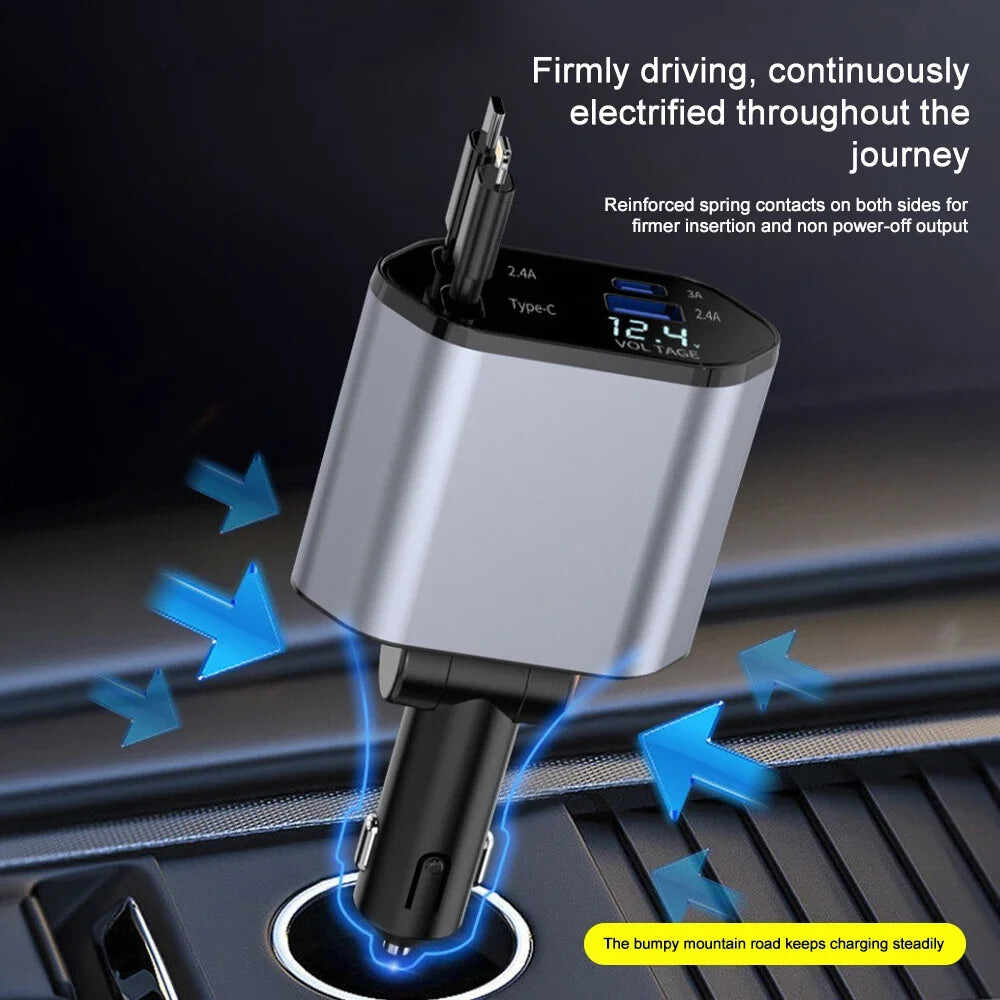 120W Fast Car Charger - 4-Device USB-C & Lightning with Retractable Cables