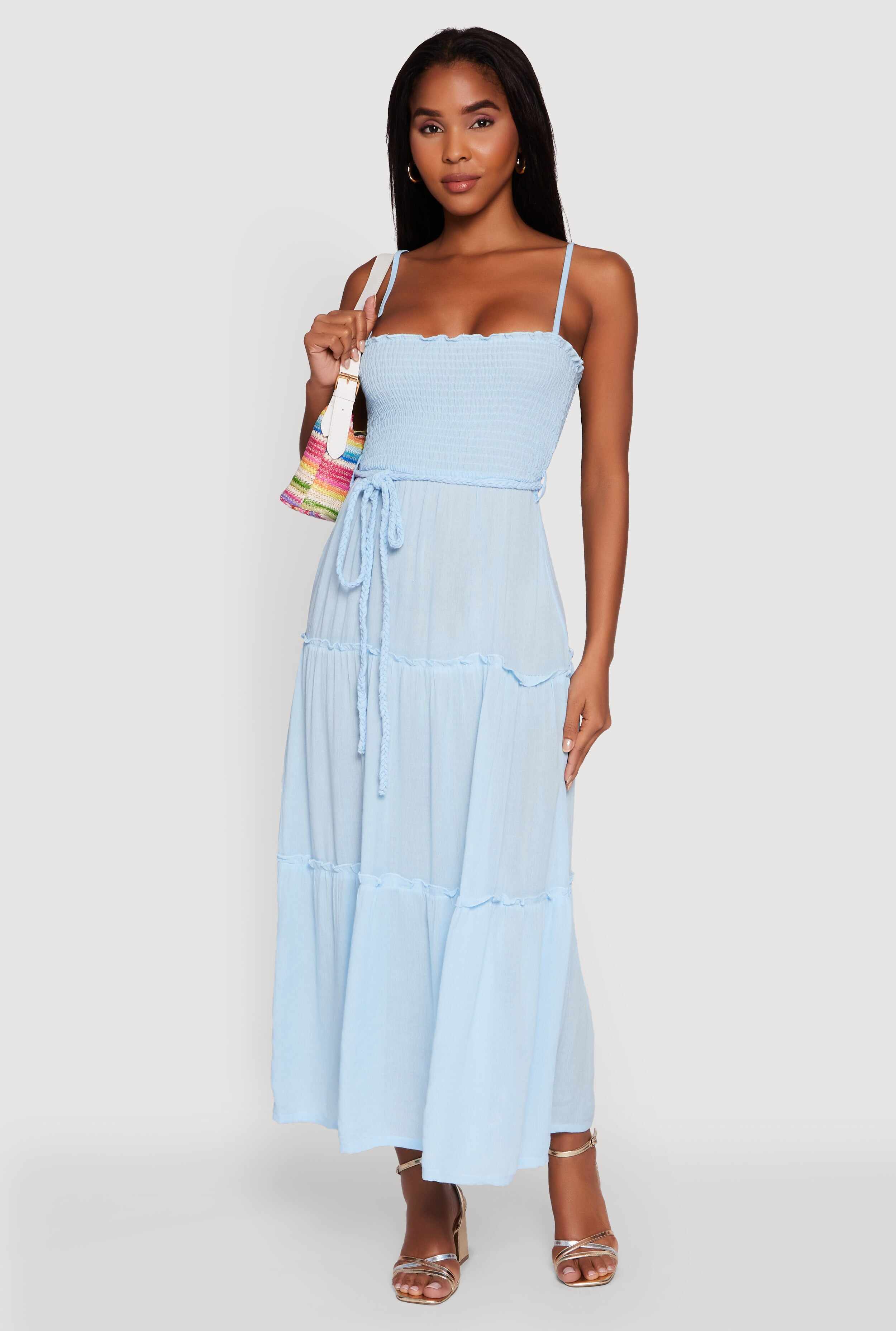 Tiered A-Line Maxi Dress with Tie Waist Belt