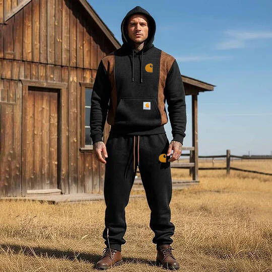 Men's Vintage Black Brown Suede Color Block Hoodie And Sweatpants Set