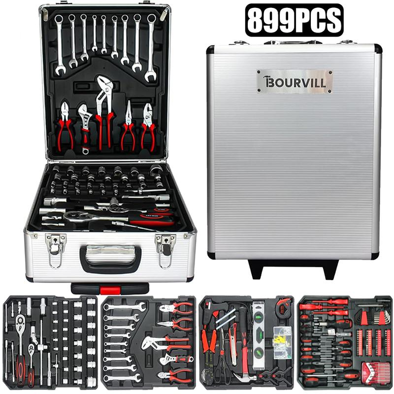 899PCS Tool Set,Large Capacity Metal Hand Toolbox,Rolling Toolbox,Aluminum 4-Drawer Mobile Tool Box,Mechanic & Household Repair Tool Set,Father's Day Gift for Dad